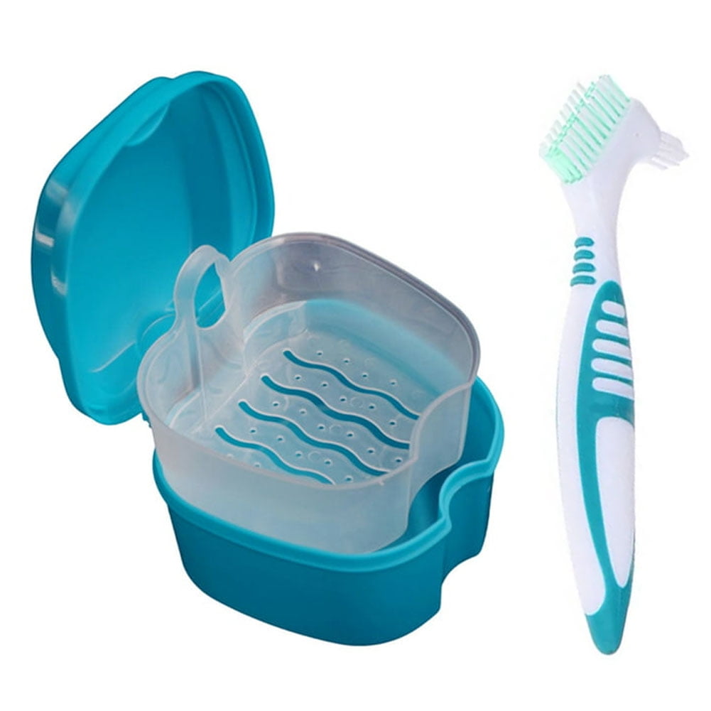 Denture Bath Case Cup Box Holder Storage Container with Denture Cleaner Brush Strainer Basket for Travel Cleaning Green - Image 1