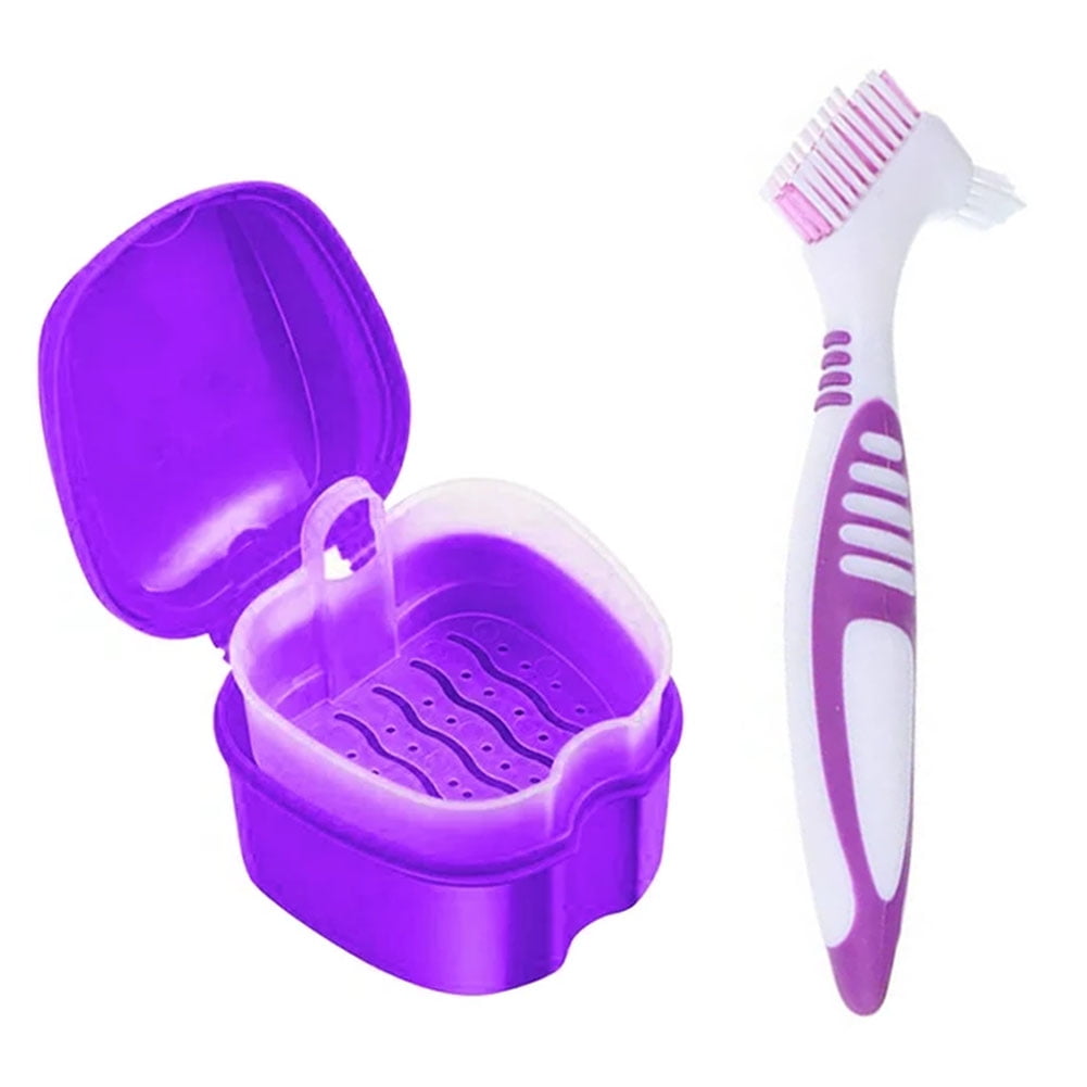 Denture Bath Case Cup Box Holder Storage Container with Denture Cleaner Brush Strainer Basket for Travel Cleaning Purple - Image 1