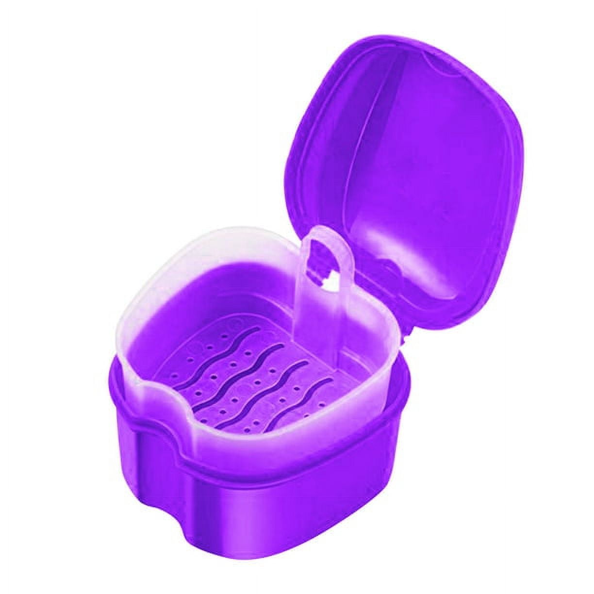 Denture Bath Case Cup Box Holder Storage Container with Denture Cleaner Brush Strainer Basket for Travel Cleaning Purple - Image 2