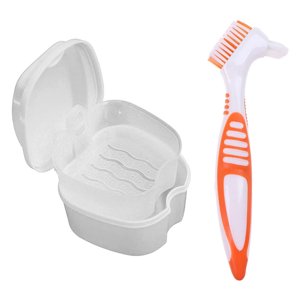 Denture Bath Case Cup Box Holder Storage Container with Denture Cleaner Brush Strainer Basket for Travel Cleaning White - Image 1
