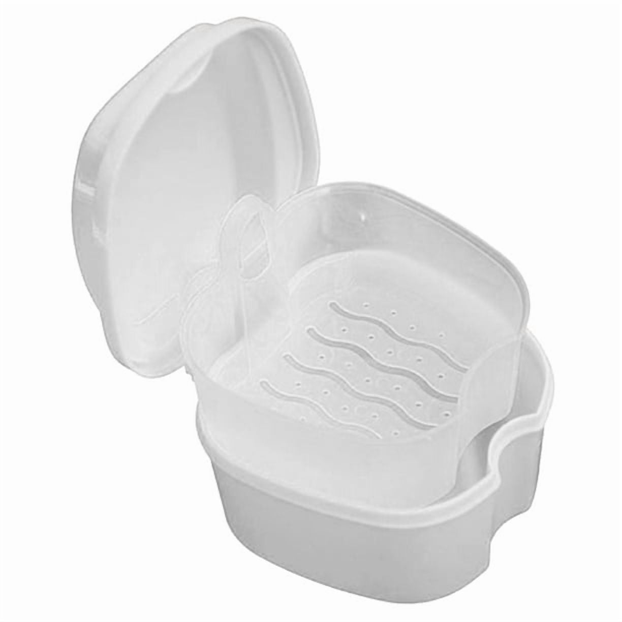 Denture Bath Case Cup Box Holder Storage Container with Denture Cleaner Brush Strainer Basket for Travel Cleaning White - Image 2