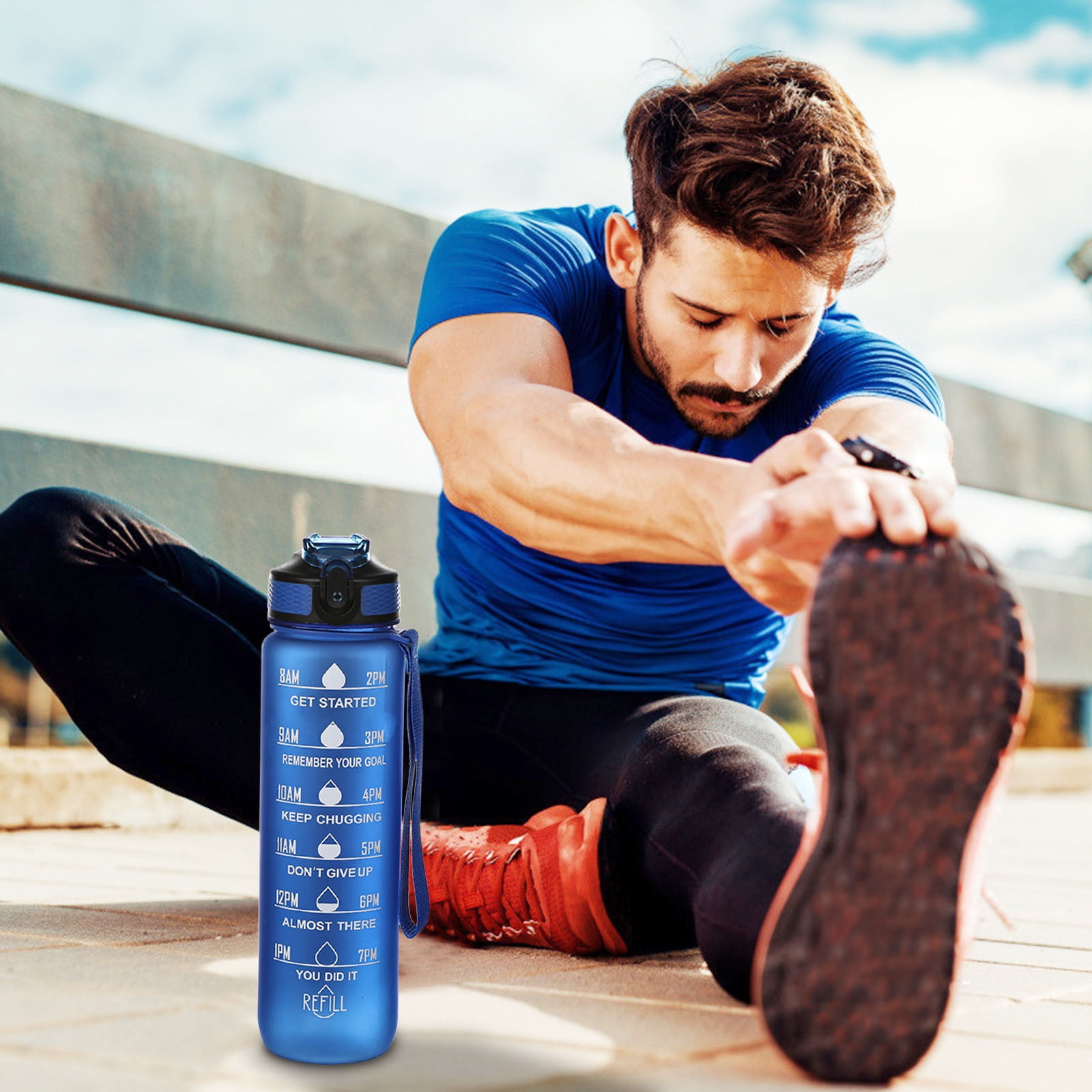 Tyidzon 32Oz Water Bottle with Time Markers, Carry Strap, Leak-Proof for Fitness, Gym, Camping, Outdoor Sports Blue - Image 2