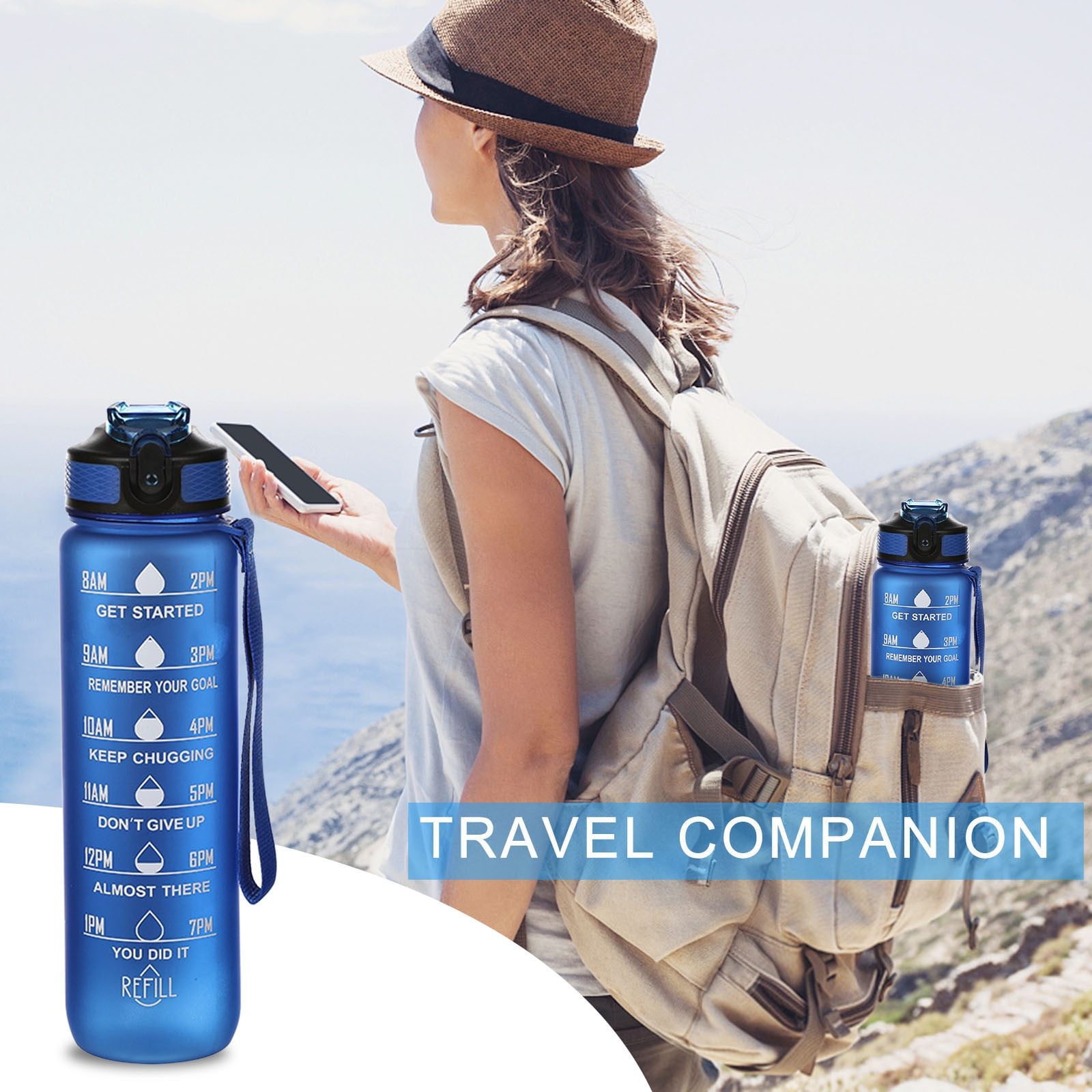 Tyidzon 32Oz Water Bottle with Time Markers, Carry Strap, Leak-Proof for Fitness, Gym, Camping, Outdoor Sports Blue - Image 3