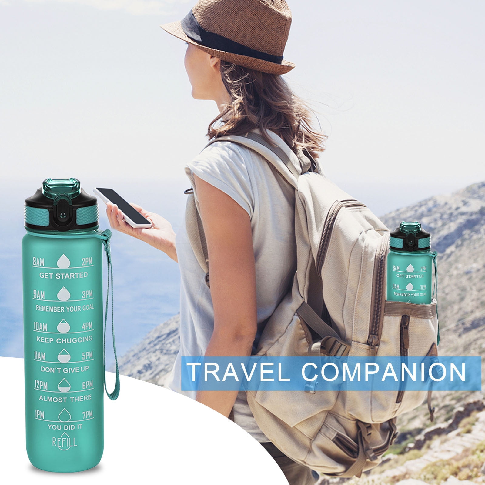 Tyidzon 32Oz Water Bottle with Time Markers, Carry Strap, Leak-Proof for Fitness, Gym, Camping, Outdoor Sports Green - Image 7