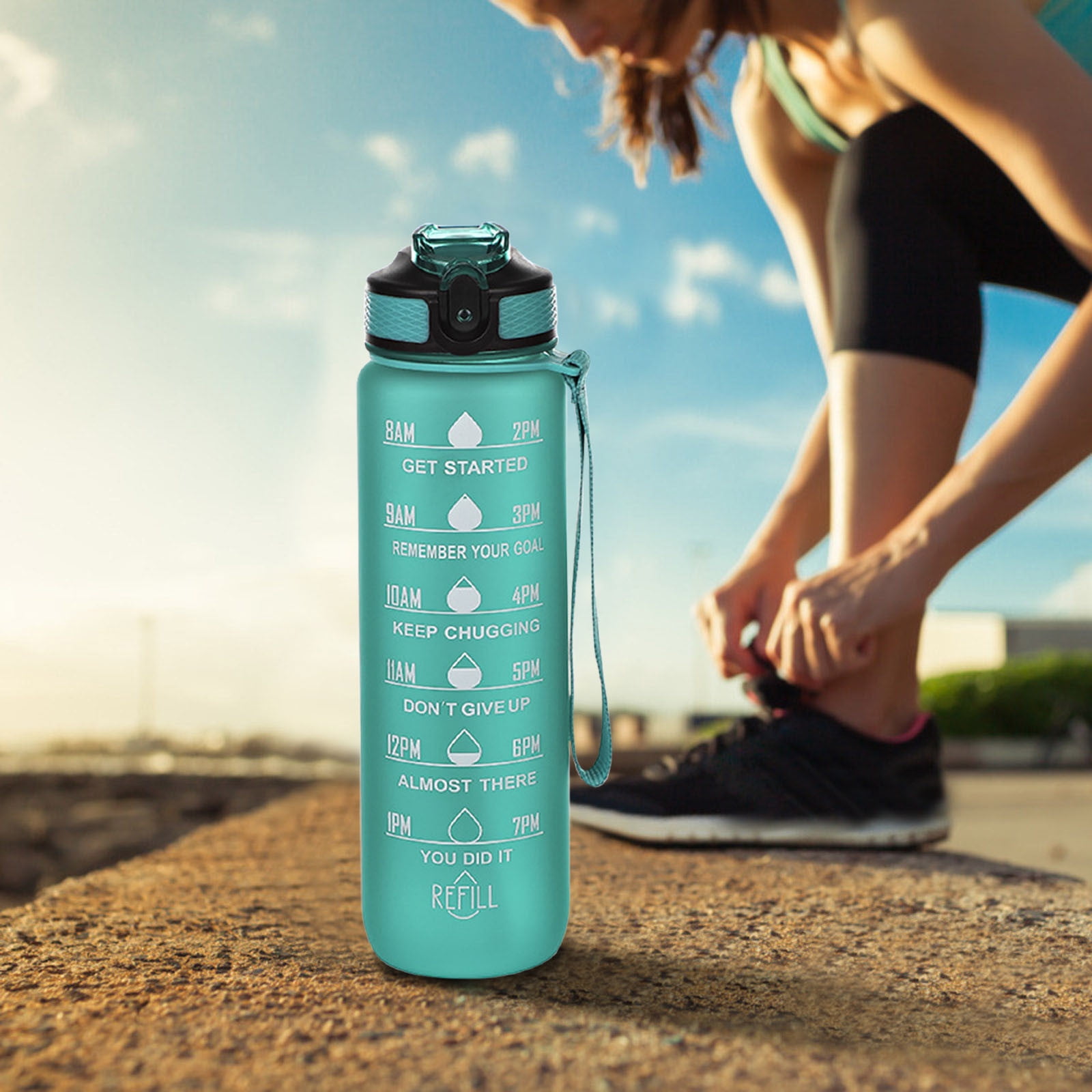 Tyidzon 32Oz Water Bottle with Time Markers, Carry Strap, Leak-Proof for Fitness, Gym, Camping, Outdoor Sports Green - Image 8