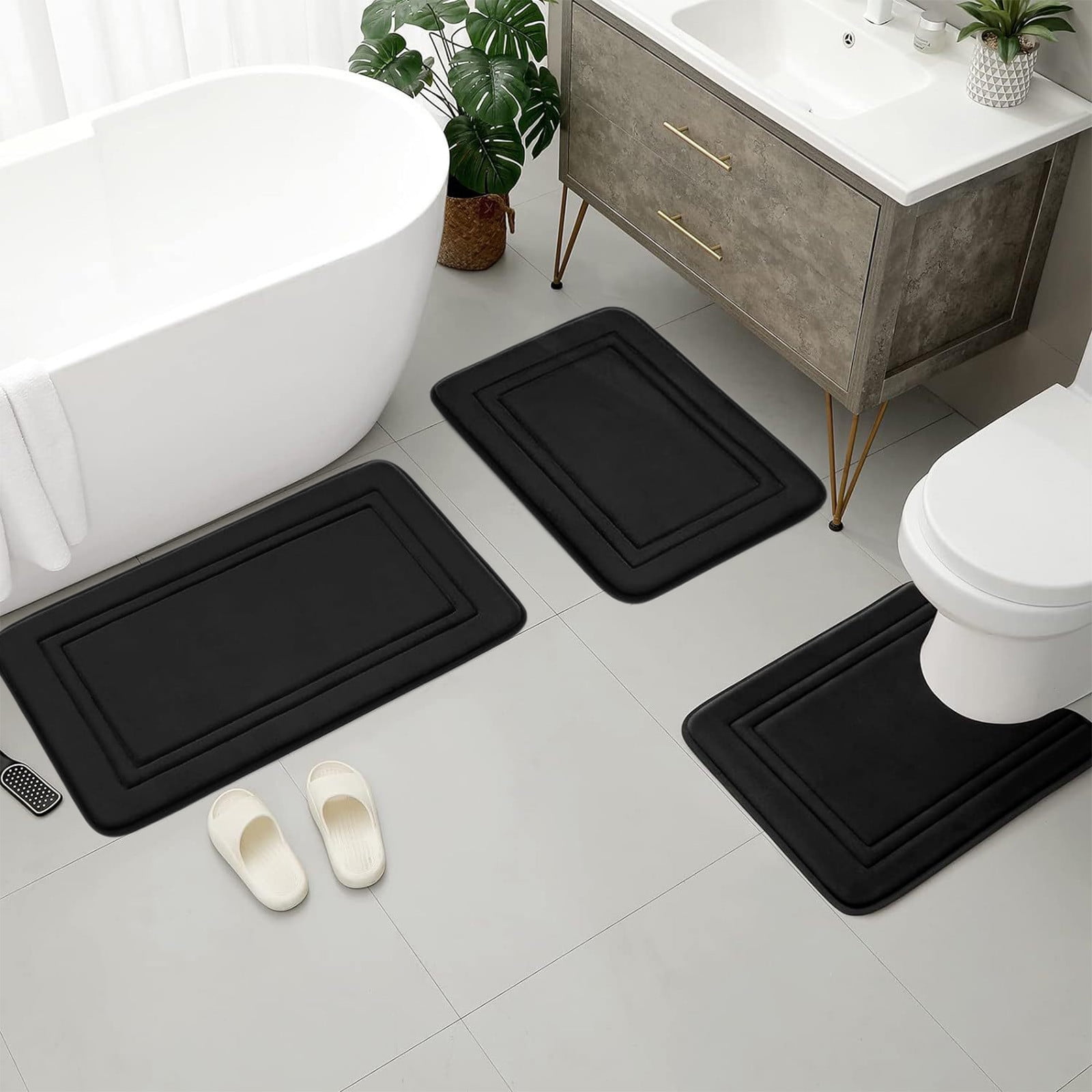 Tyidzon Bathroom Rugs Sets 3 Piece, Bath Mat Universal Soft Comfortable Water Absorption Non Slip Machine Washable Easy Dry Bathroom Mat, Gray Black - Image 1