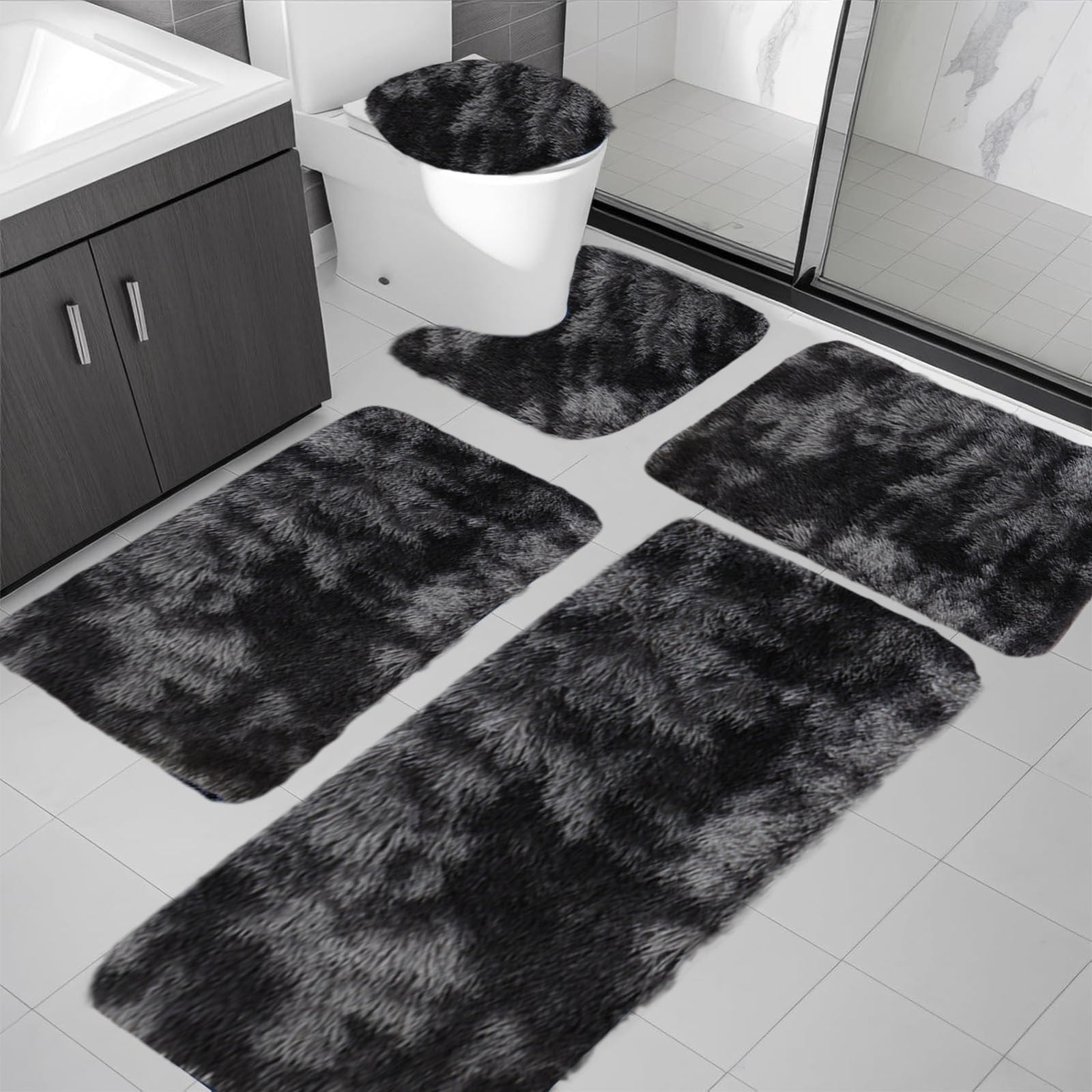PALIFEUR Tie-Dye Bathroom Rugs Sets, Non-Slip Bath Mat Set 5 Piece, Soft Comfortable Washable Bathroom Mat Set, Quicker Dry Bathroom Rug with Toilet Rug Black - Image 4
