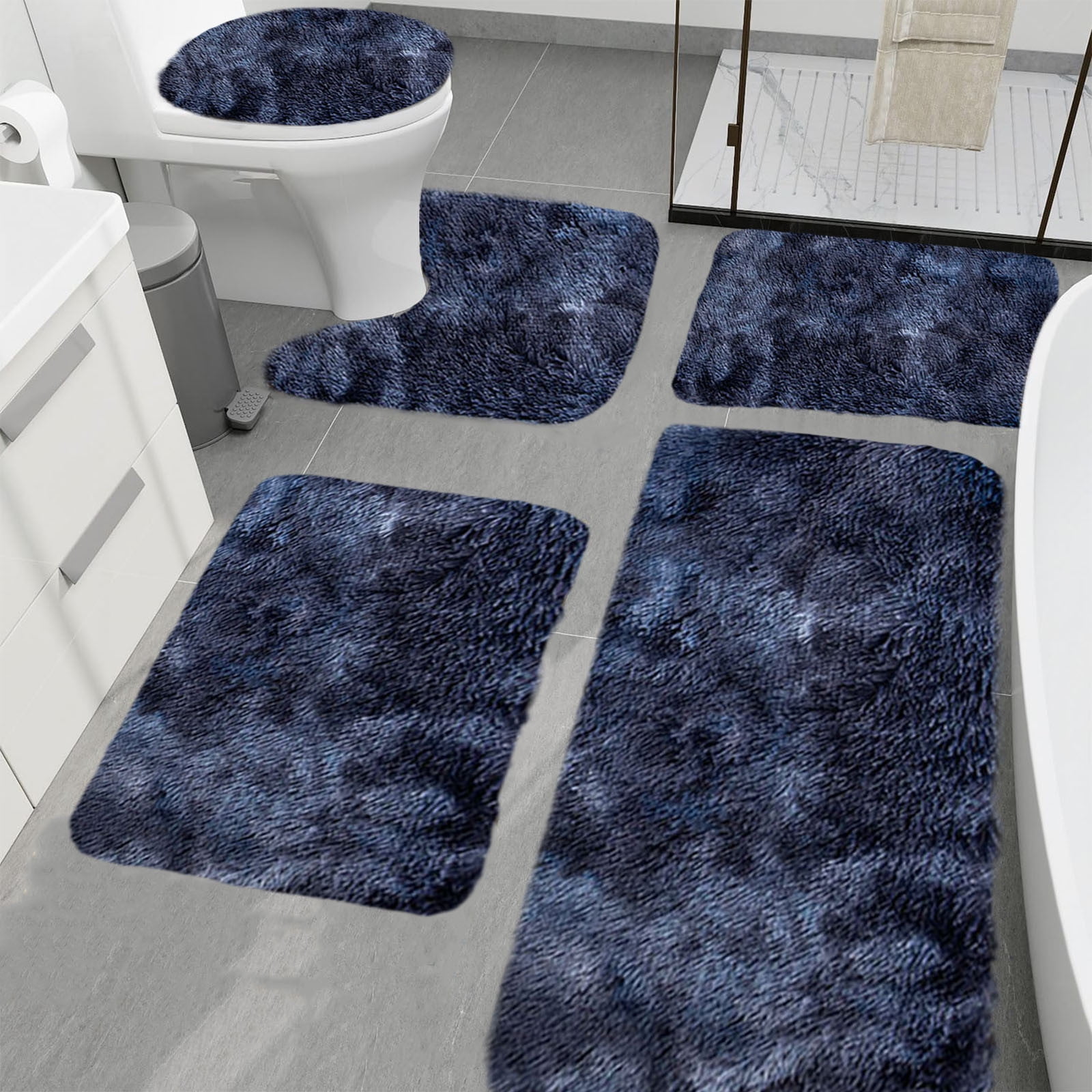 PALIFEUR Tie-Dye Bathroom Rugs Sets, Non-Slip Bath Mat Set 5 Piece, Soft Comfortable Washable Bathroom Mat Set, Quicker Dry Bathroom Rug with Toilet Rug Dark Blue - Image 1