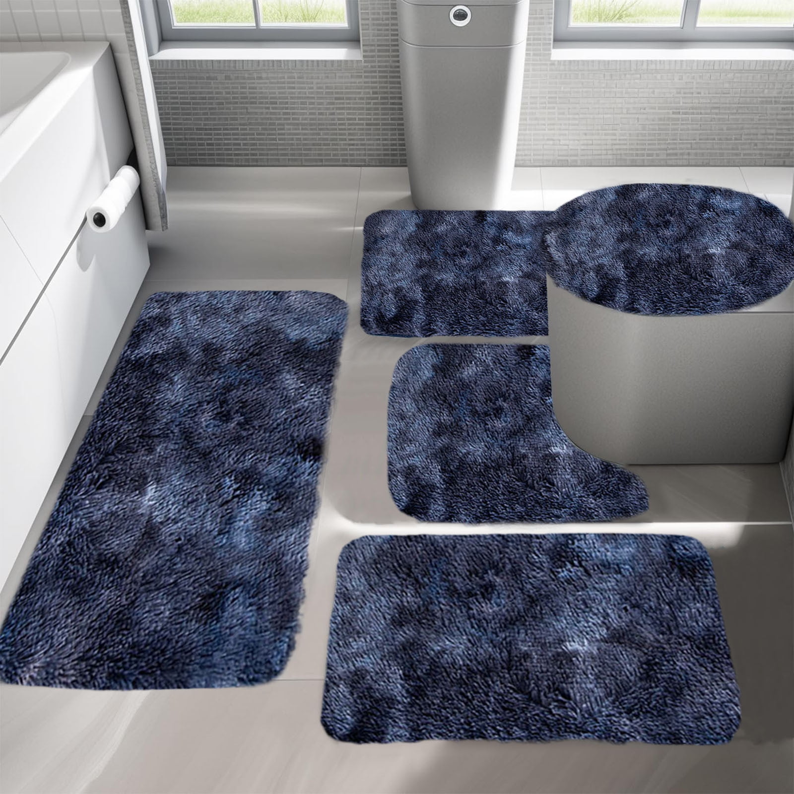 PALIFEUR Tie-Dye Bathroom Rugs Sets, Non-Slip Bath Mat Set 5 Piece, Soft Comfortable Washable Bathroom Mat Set, Quicker Dry Bathroom Rug with Toilet Rug Dark Blue - Image 5