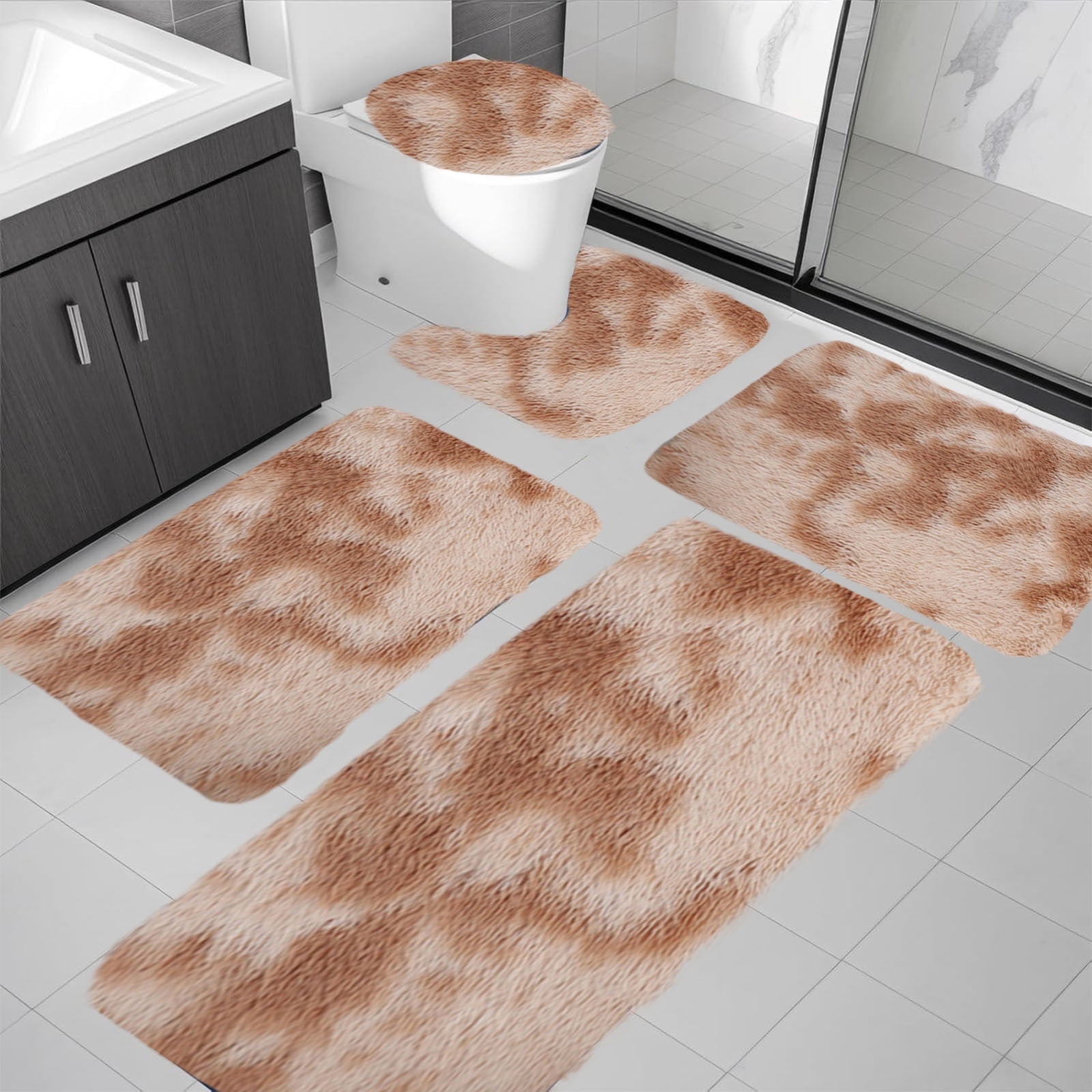 PALIFEUR Tie-Dye Bathroom Rugs Sets, Non-Slip Bath Mat Set 5 Piece, Soft Comfortable Washable Bathroom Mat Set, Quicker Dry Bathroom Rug with Toilet Rug Khaki - Image 5