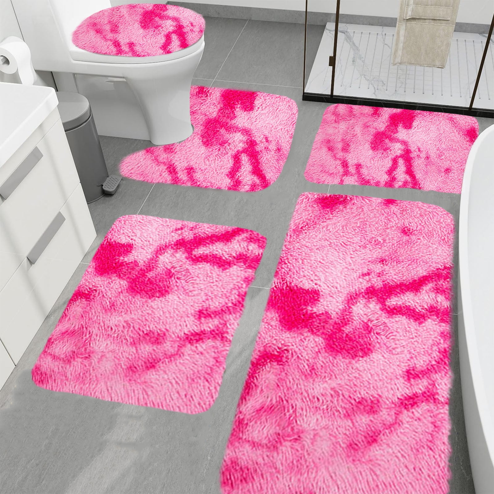 PALIFEUR Tie-Dye Bathroom Rugs Sets, Non-Slip Bath Mat Set 5 Piece, Soft Comfortable Washable Bathroom Mat Set, Quicker Dry Bathroom Rug with Toilet Rug Pink - Image 1