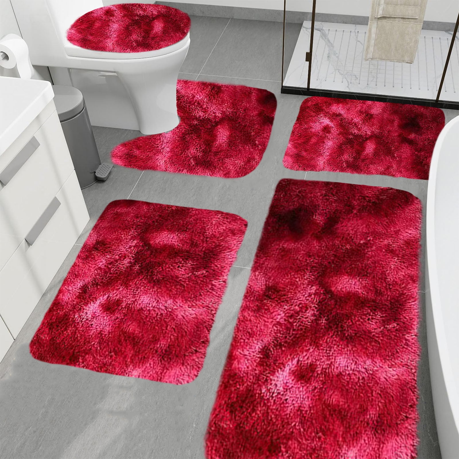 PALIFEUR Tie-Dye Bathroom Rugs Sets, Non-Slip Bath Mat Set 5 Piece, Soft Comfortable Washable Bathroom Mat Set, Quicker Dry Bathroom Rug with Toilet Rug Red - Image 1