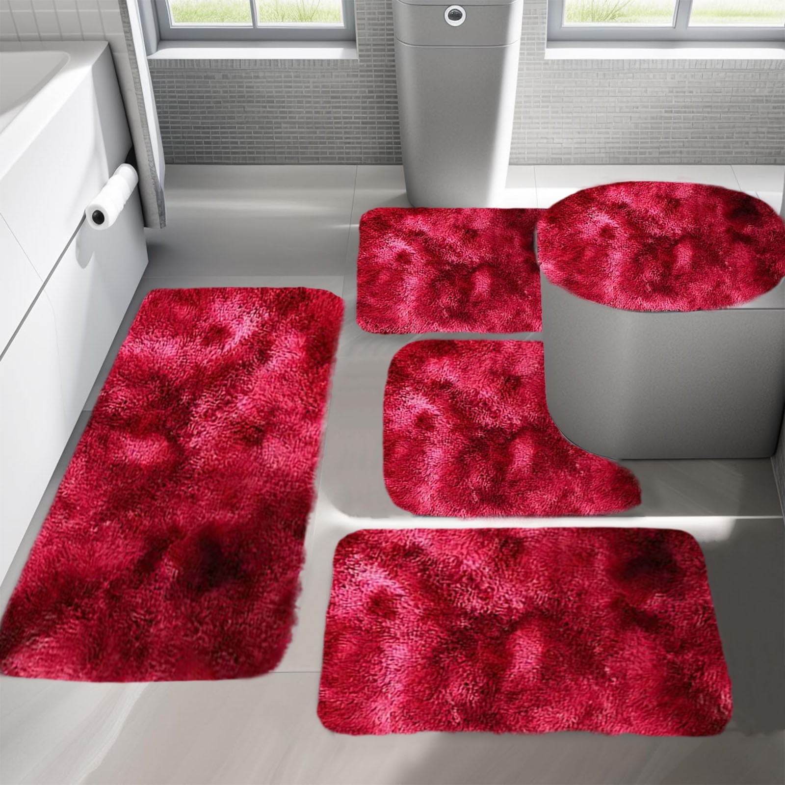 PALIFEUR Tie-Dye Bathroom Rugs Sets, Non-Slip Bath Mat Set 5 Piece, Soft Comfortable Washable Bathroom Mat Set, Quicker Dry Bathroom Rug with Toilet Rug Red - Image 5