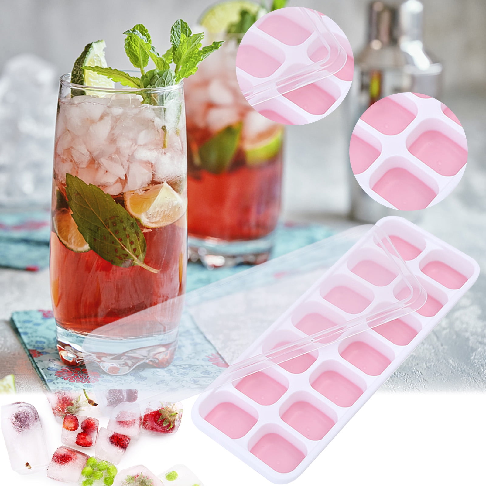 PALIFEUR Silicone Ice Cube Tray 2 Pack Easy-Release & Flexible 14-Ice Cube Trays with Avoid Spill Removable Lid, Stackable Ice Trays with Ice Covers for Freezer Pink - Image 3