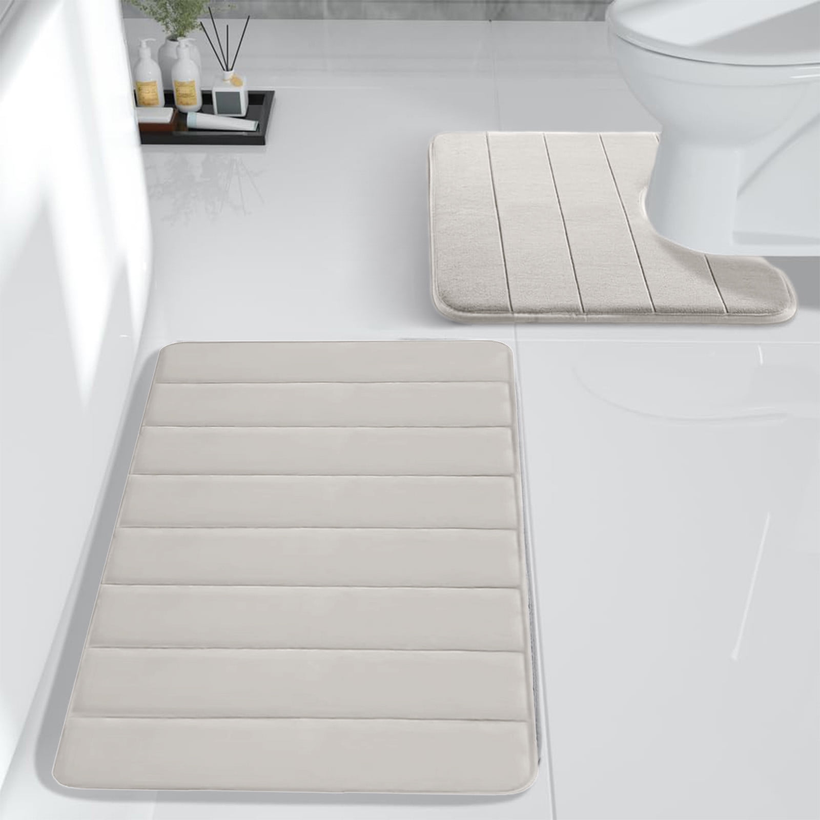 PALIFEUR Memory Foam Toilet Rug, Non-Slip Bathroom Rugs, Toilet Rugs U Shaped Washable, Commode Contour Rug, Soft Comfortable Super Water Absorption #2_Beige - Image 5