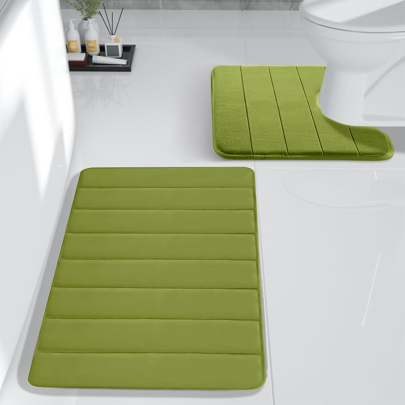 PALIFEUR Memory Foam Toilet Rug, Non-Slip Bathroom Rugs, Toilet Rugs U Shaped Washable, Commode Contour Rug, Soft Comfortable Super Water Absorption #2_Green - Image 5
