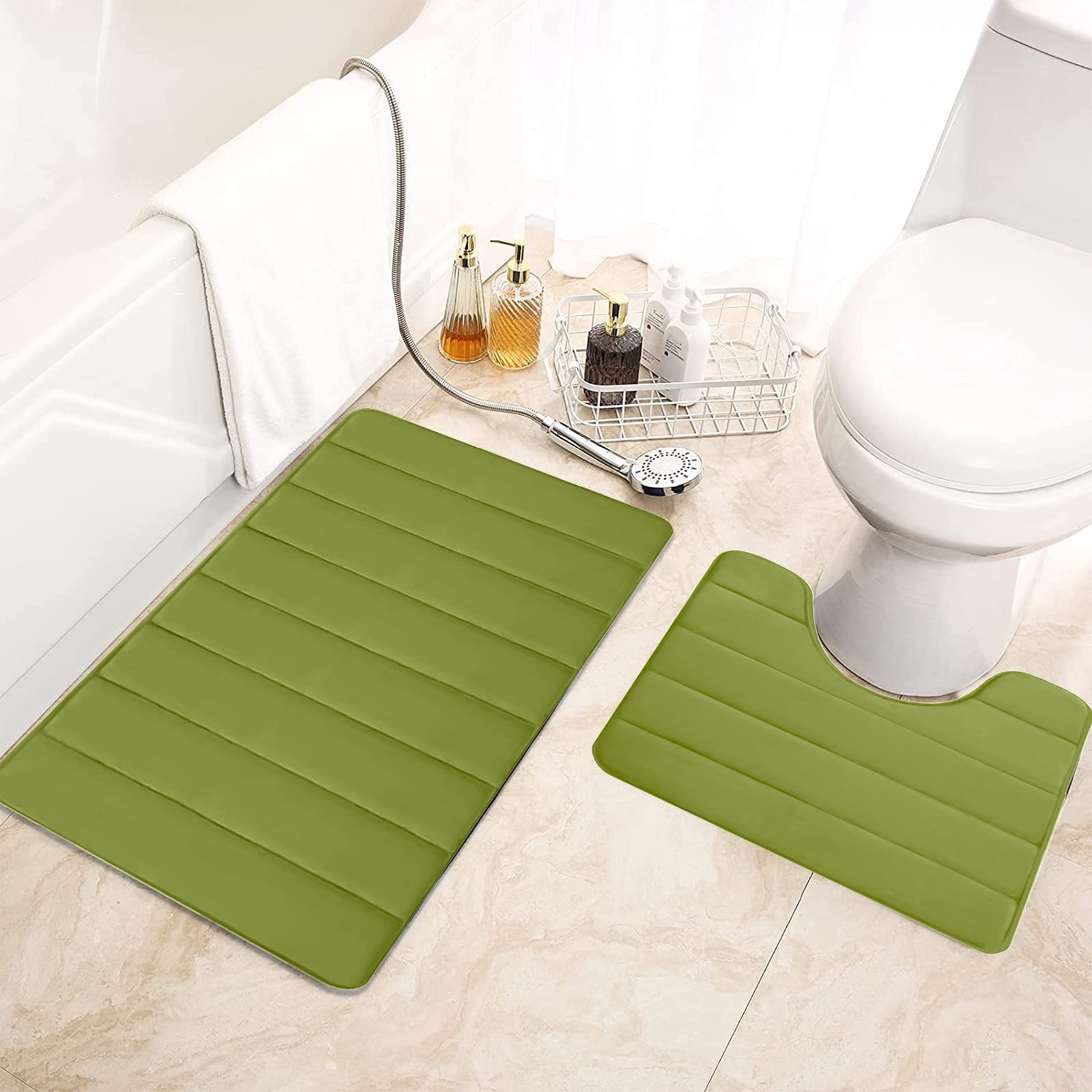 PALIFEUR Memory Foam Toilet Rug, Non-Slip Bathroom Rugs, Toilet Rugs U Shaped Washable, Commode Contour Rug, Soft Comfortable Super Water Absorption #2_Green - Image 6