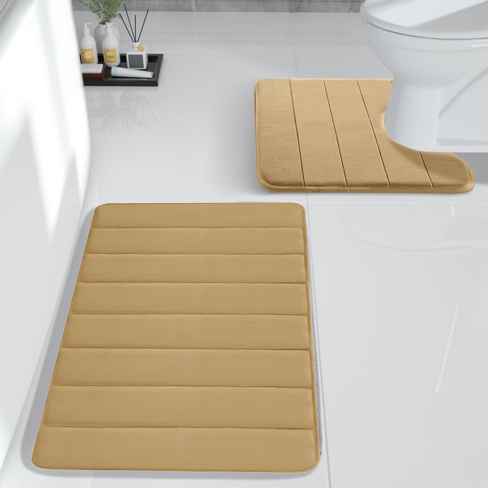 PALIFEUR Memory Foam Toilet Rug, Non-Slip Bathroom Rugs, Toilet Rugs U Shaped Washable, Commode Contour Rug, Soft Comfortable Super Water Absorption #2_Khaki - Image 4