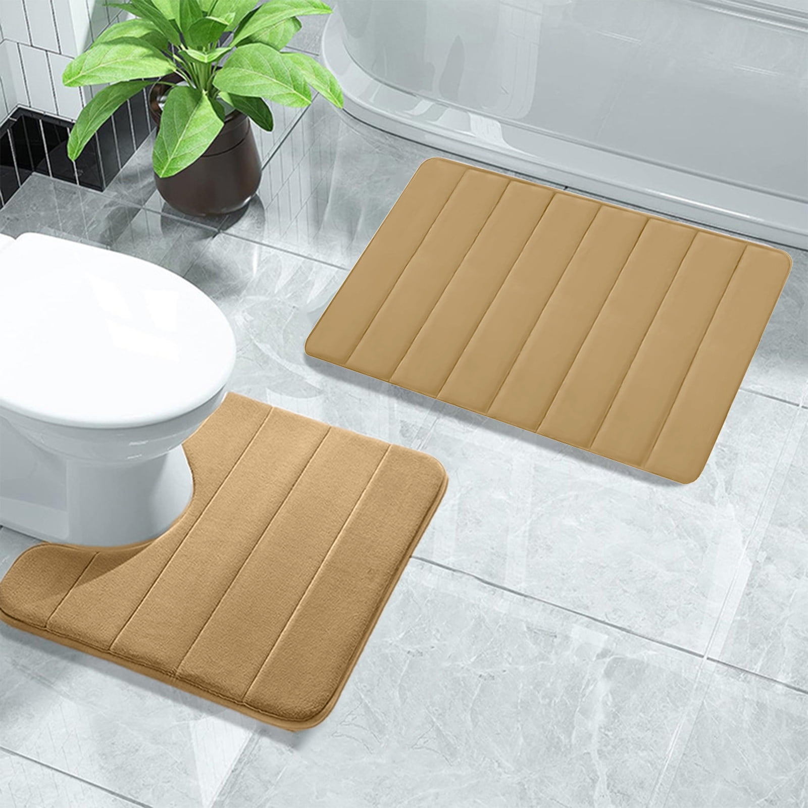 PALIFEUR Memory Foam Toilet Rug, Non-Slip Bathroom Rugs, Toilet Rugs U Shaped Washable, Commode Contour Rug, Soft Comfortable Super Water Absorption #2_Khaki - Image 5