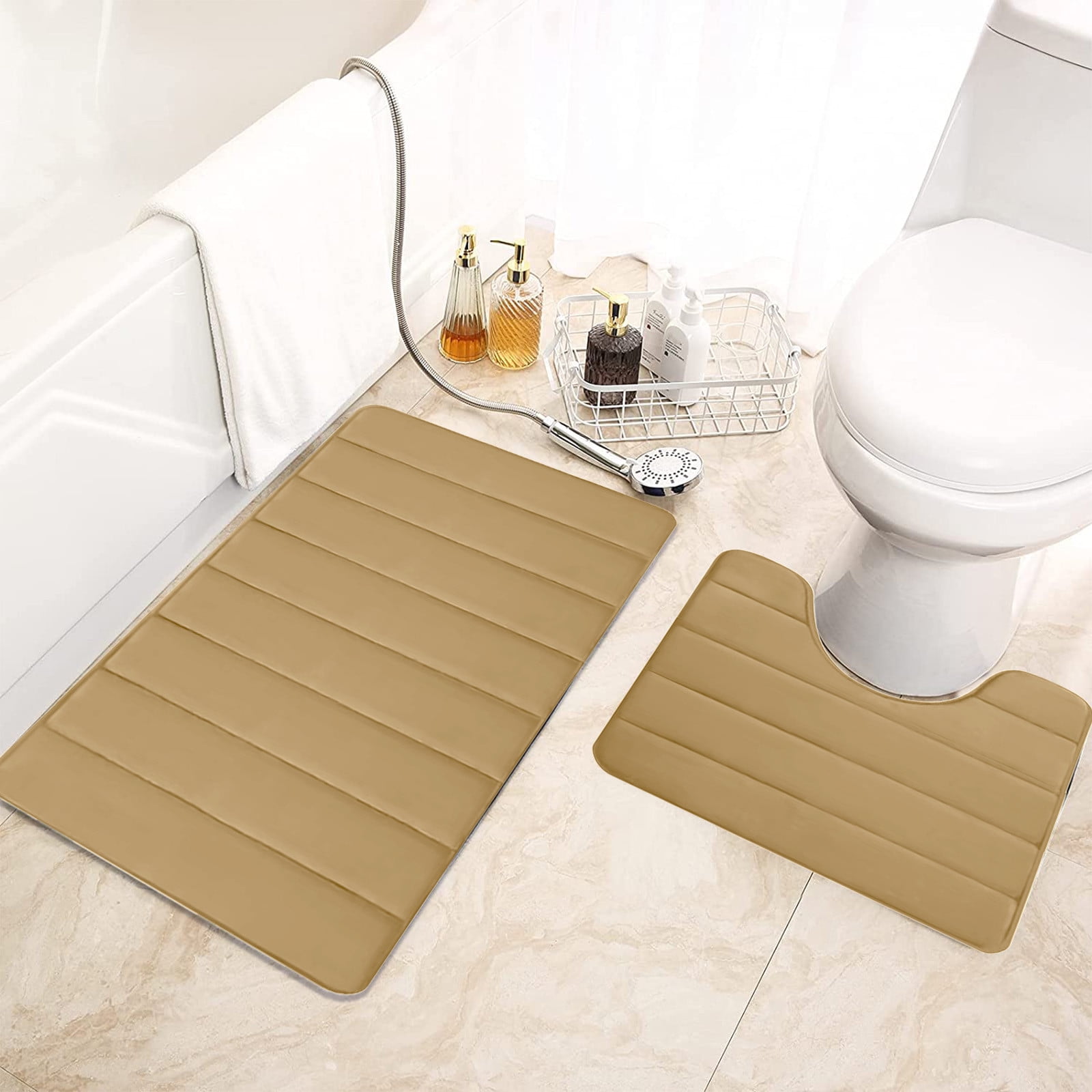 PALIFEUR Memory Foam Toilet Rug, Non-Slip Bathroom Rugs, Toilet Rugs U Shaped Washable, Commode Contour Rug, Soft Comfortable Super Water Absorption #2_Khaki - Image 6