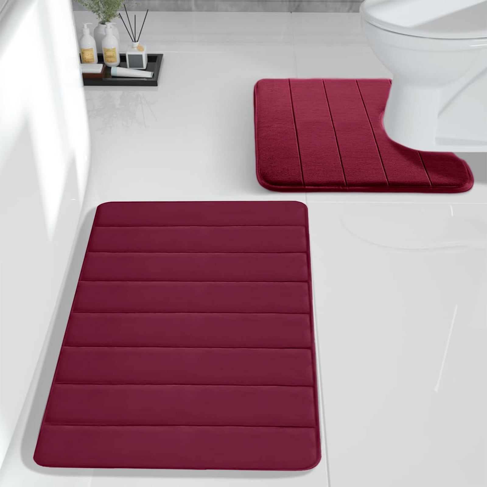 PALIFEUR Memory Foam Toilet Rug, Non-Slip Bathroom Rugs, Toilet Rugs U Shaped Washable, Commode Contour Rug, Soft Comfortable Super Water Absorption #2_Red - Image 4