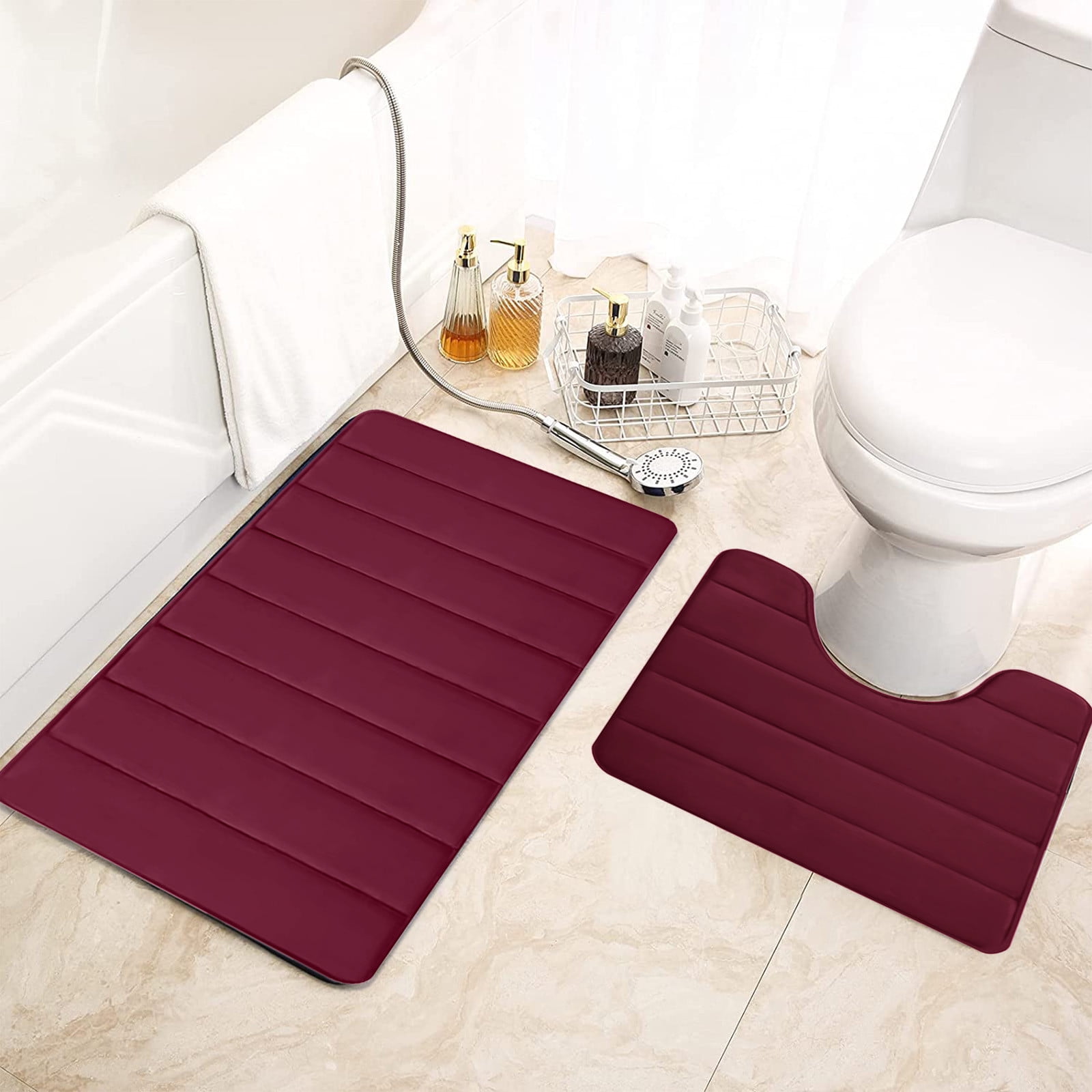 PALIFEUR Memory Foam Toilet Rug, Non-Slip Bathroom Rugs, Toilet Rugs U Shaped Washable, Commode Contour Rug, Soft Comfortable Super Water Absorption #2_Red - Image 6
