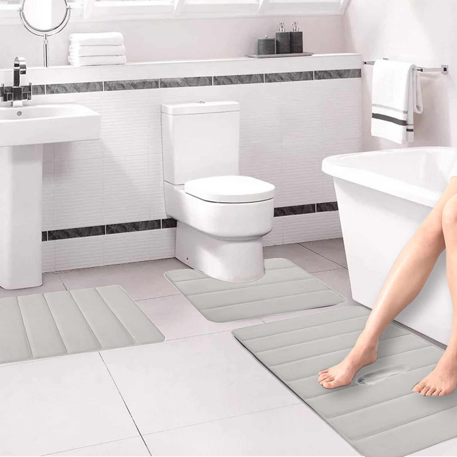 PALIFEUR Memory Foam Toilet Rug, Non-Slip Bathroom Rugs, Toilet Rugs U Shaped Washable, Commode Contour Rug, Soft Comfortable Super Water Absorption #3_Beige - Image 4