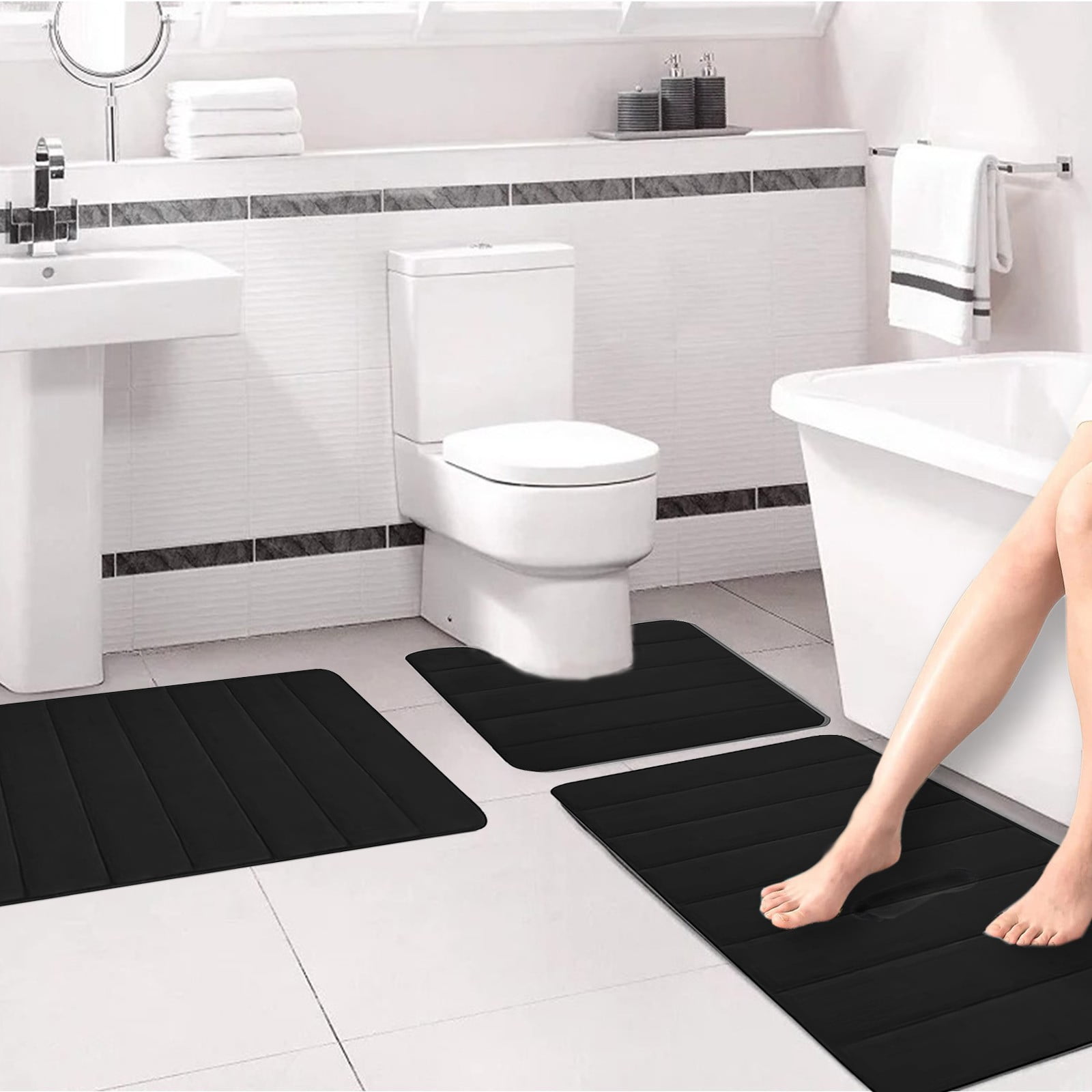 PALIFEUR Memory Foam Toilet Rug, Non-Slip Bathroom Rugs, Toilet Rugs U Shaped Washable, Commode Contour Rug, Soft Comfortable Super Water Absorption #3_Black - Image 4