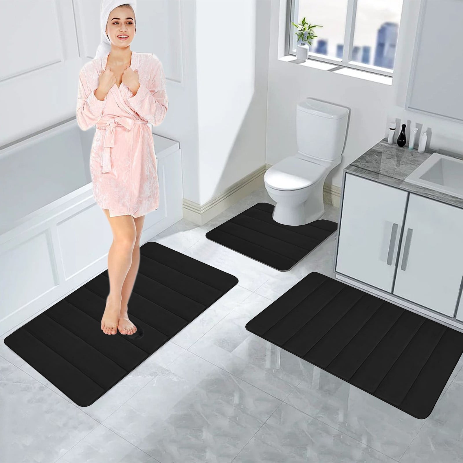 PALIFEUR Memory Foam Toilet Rug, Non-Slip Bathroom Rugs, Toilet Rugs U Shaped Washable, Commode Contour Rug, Soft Comfortable Super Water Absorption #3_Black - Image 7