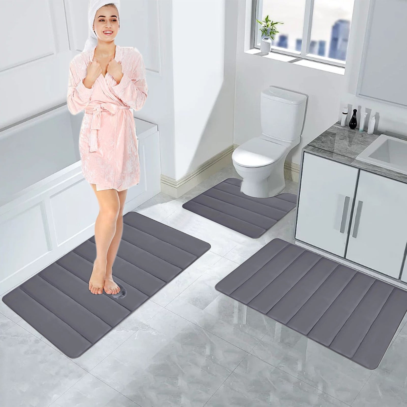 PALIFEUR Memory Foam Toilet Rug, Non-Slip Bathroom Rugs, Toilet Rugs U Shaped Washable, Commode Contour Rug, Soft Comfortable Super Water Absorption #3_Dark Gray - Image 7