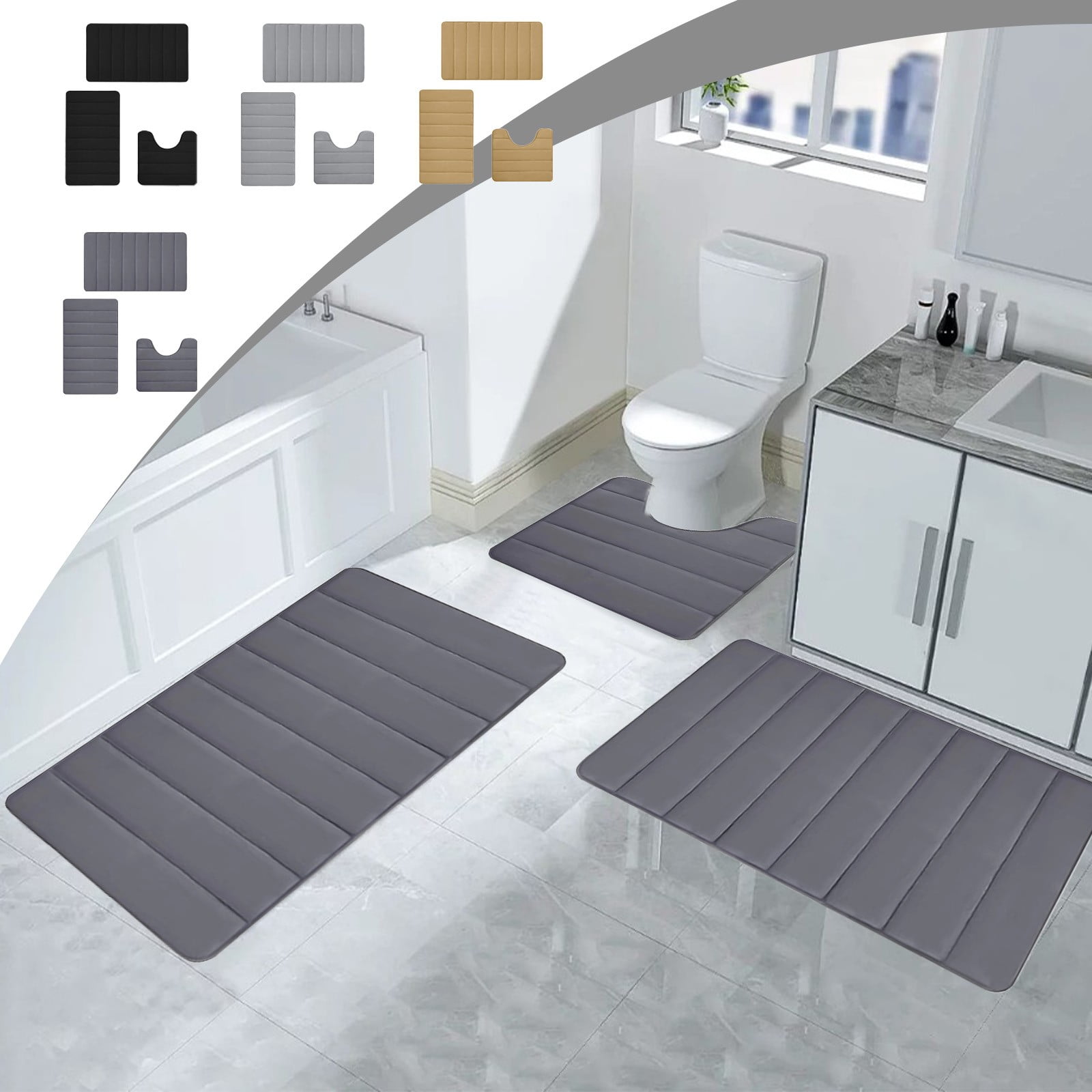 PALIFEUR Memory Foam Toilet Rug, Non-Slip Bathroom Rugs, Toilet Rugs U Shaped Washable, Commode Contour Rug, Soft Comfortable Super Water Absorption #3_Gray - Image 1