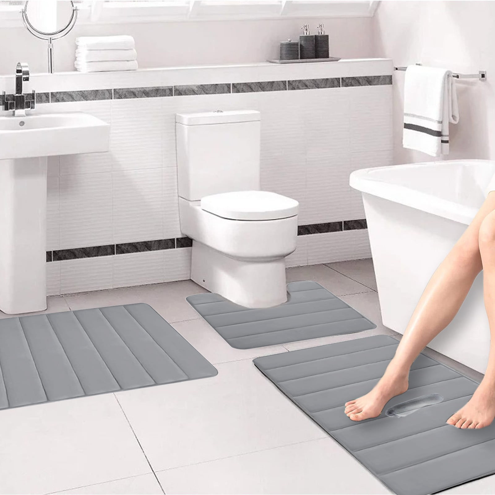 PALIFEUR Memory Foam Toilet Rug, Non-Slip Bathroom Rugs, Toilet Rugs U Shaped Washable, Commode Contour Rug, Soft Comfortable Super Water Absorption #3_Gray - Image 4