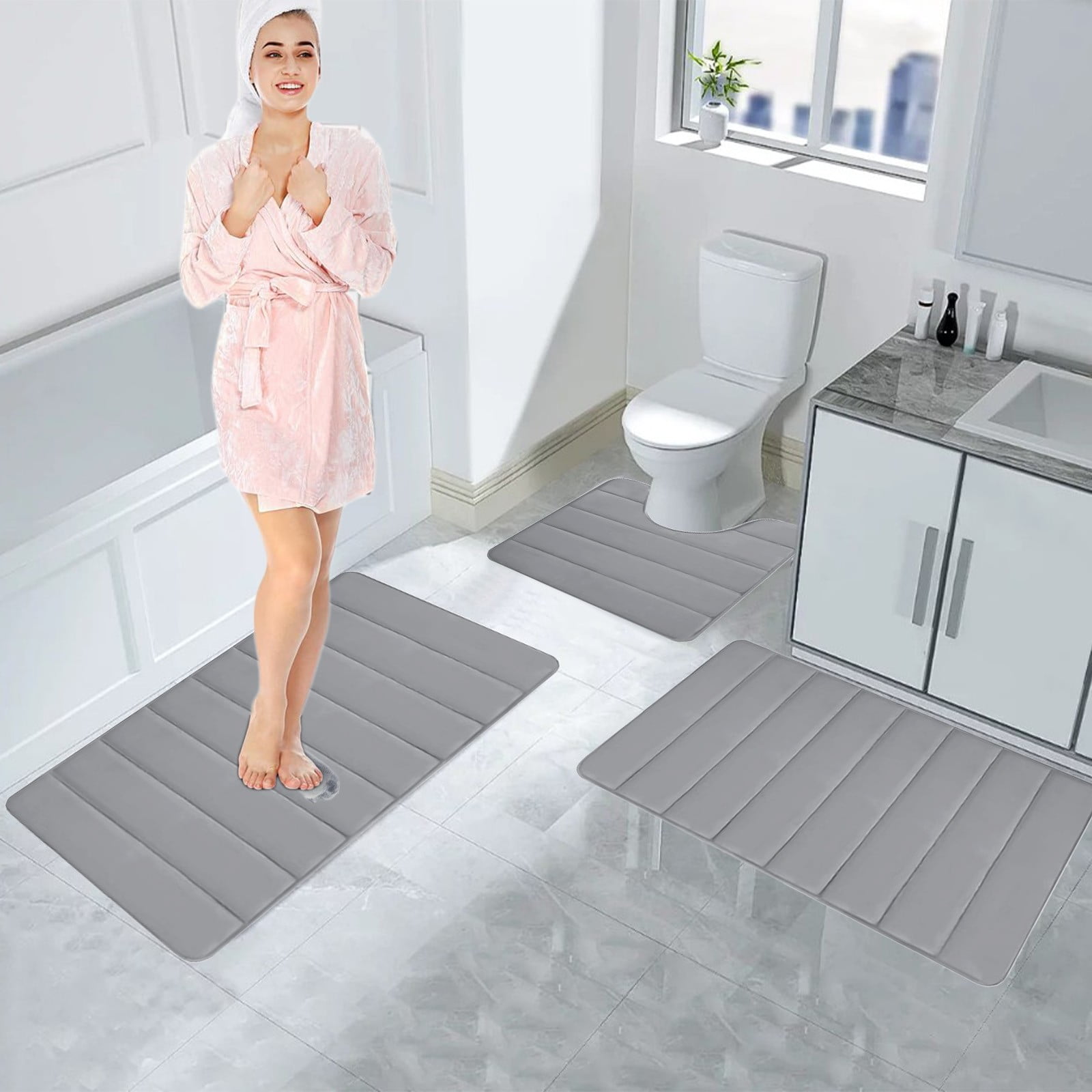 PALIFEUR Memory Foam Toilet Rug, Non-Slip Bathroom Rugs, Toilet Rugs U Shaped Washable, Commode Contour Rug, Soft Comfortable Super Water Absorption #3_Gray - Image 7