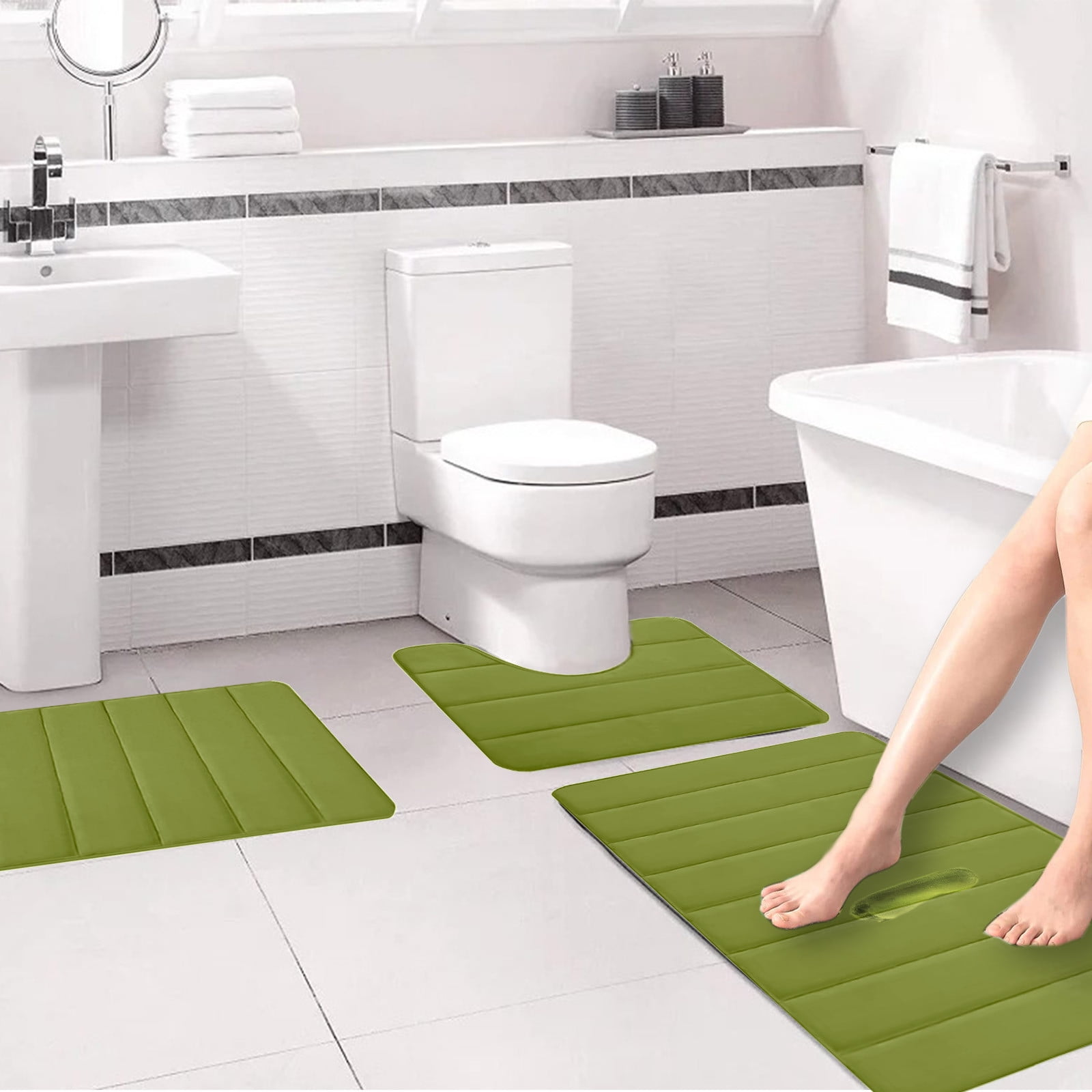 PALIFEUR Memory Foam Toilet Rug, Non-Slip Bathroom Rugs, Toilet Rugs U Shaped Washable, Commode Contour Rug, Soft Comfortable Super Water Absorption #3_Green - Image 4