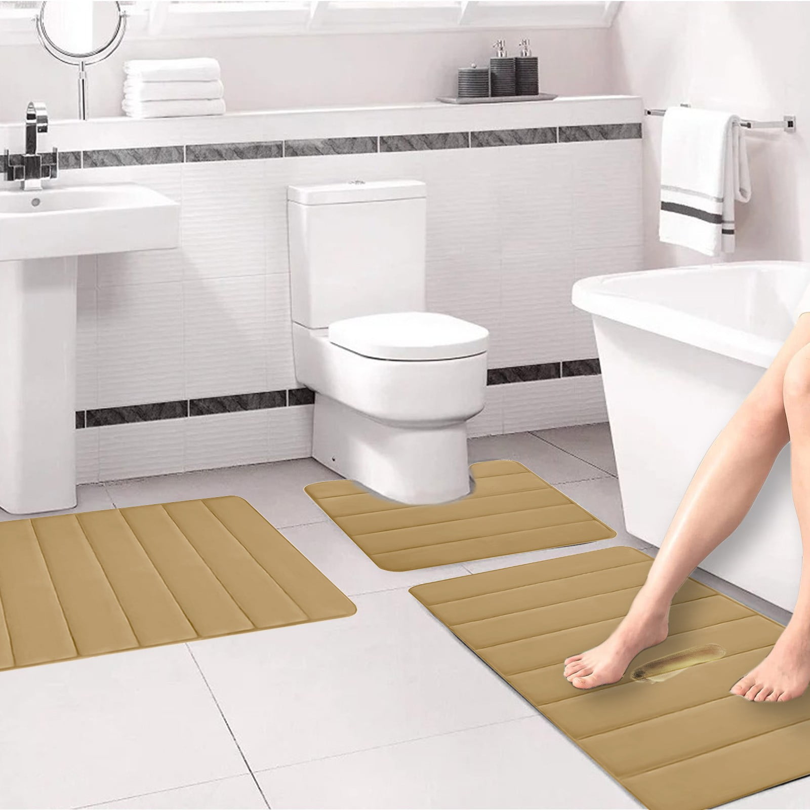 PALIFEUR Memory Foam Toilet Rug, Non-Slip Bathroom Rugs, Toilet Rugs U Shaped Washable, Commode Contour Rug, Soft Comfortable Super Water Absorption #3_Khaki - Image 4