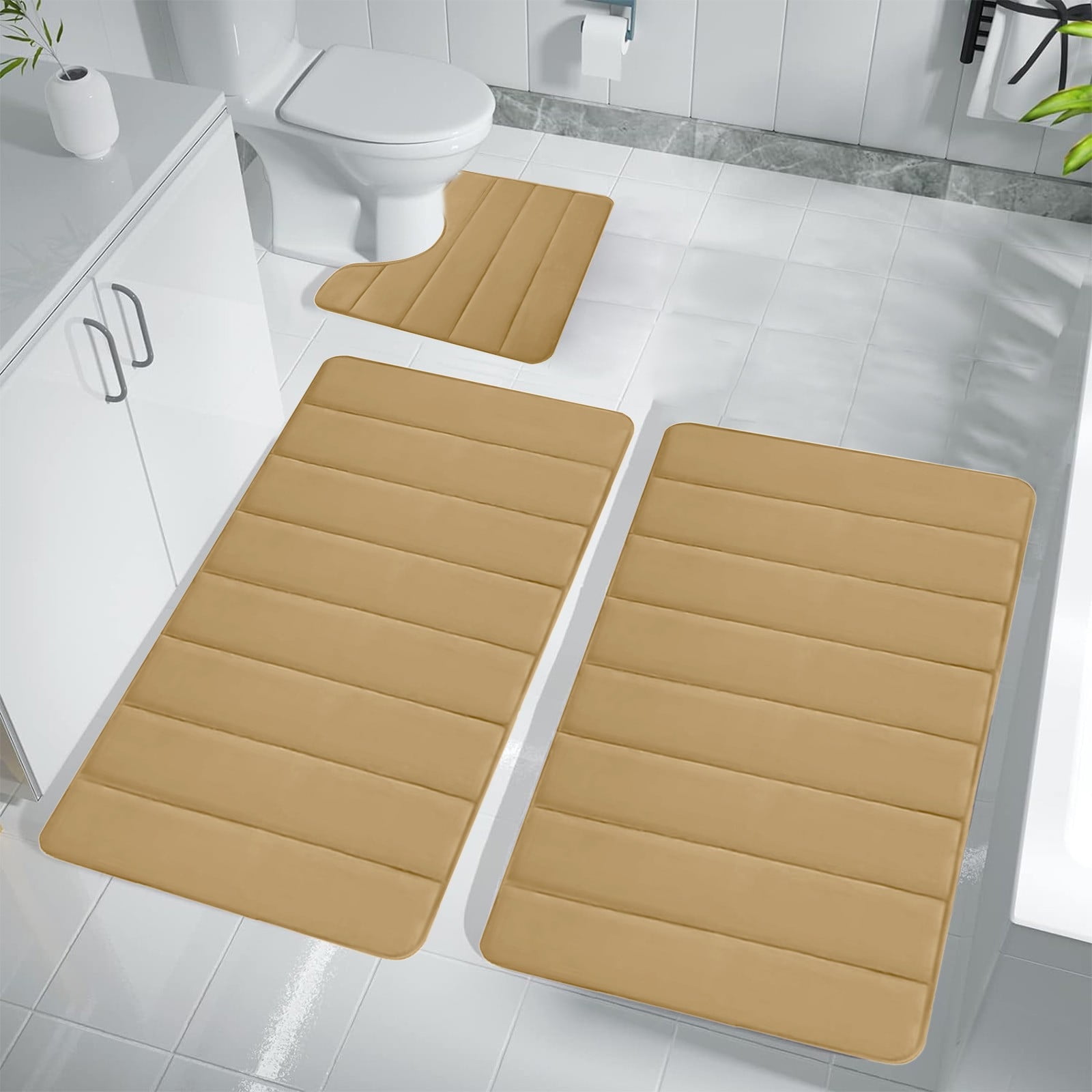 PALIFEUR Memory Foam Toilet Rug, Non-Slip Bathroom Rugs, Toilet Rugs U Shaped Washable, Commode Contour Rug, Soft Comfortable Super Water Absorption #3_Khaki - Image 5