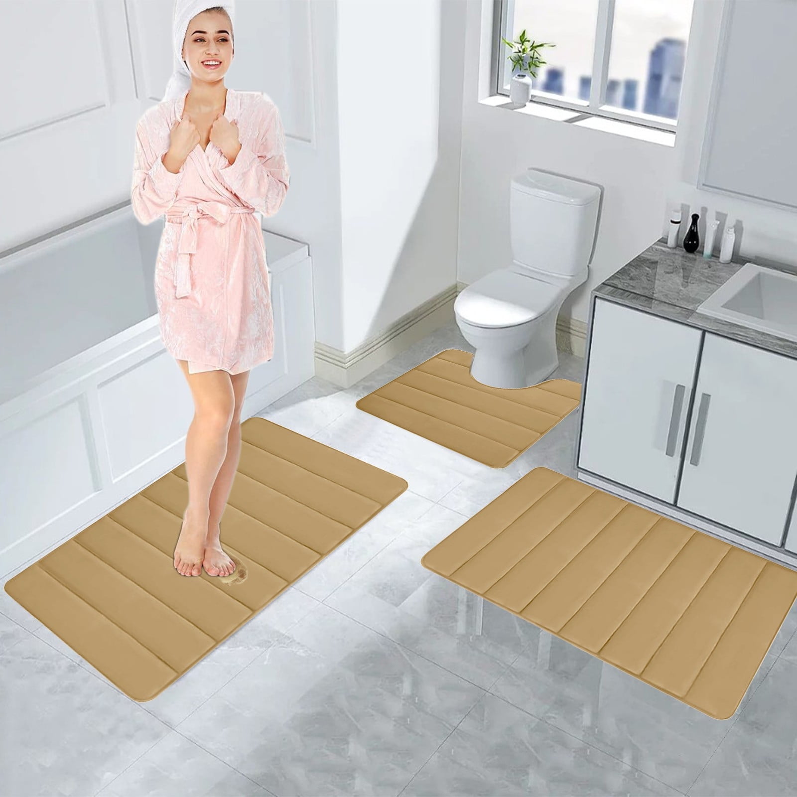 PALIFEUR Memory Foam Toilet Rug, Non-Slip Bathroom Rugs, Toilet Rugs U Shaped Washable, Commode Contour Rug, Soft Comfortable Super Water Absorption #3_Khaki - Image 7