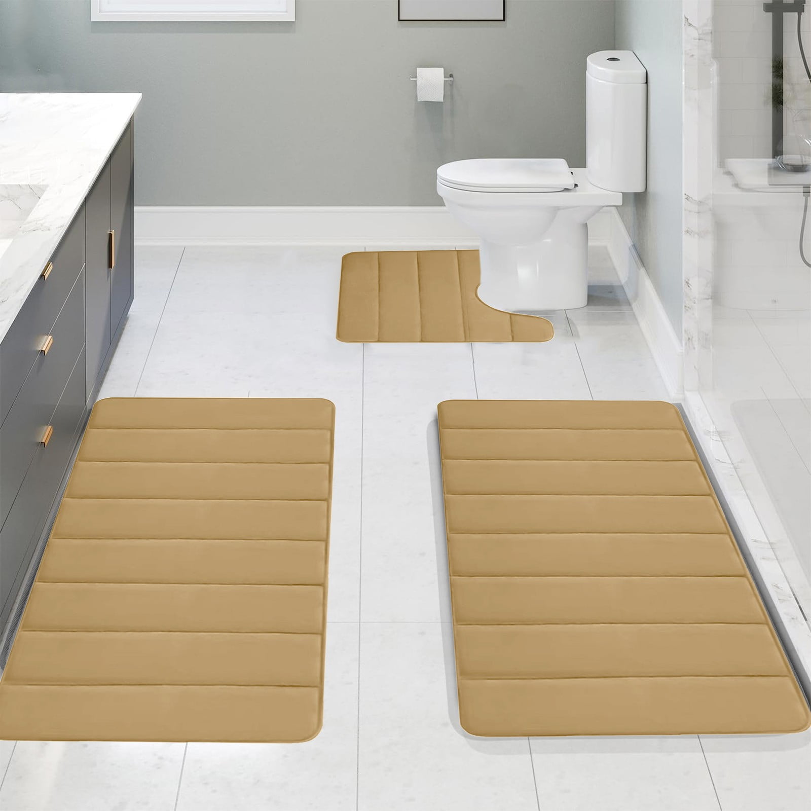 PALIFEUR Memory Foam Toilet Rug, Non-Slip Bathroom Rugs, Toilet Rugs U Shaped Washable, Commode Contour Rug, Soft Comfortable Super Water Absorption #3_Khaki - Image 8
