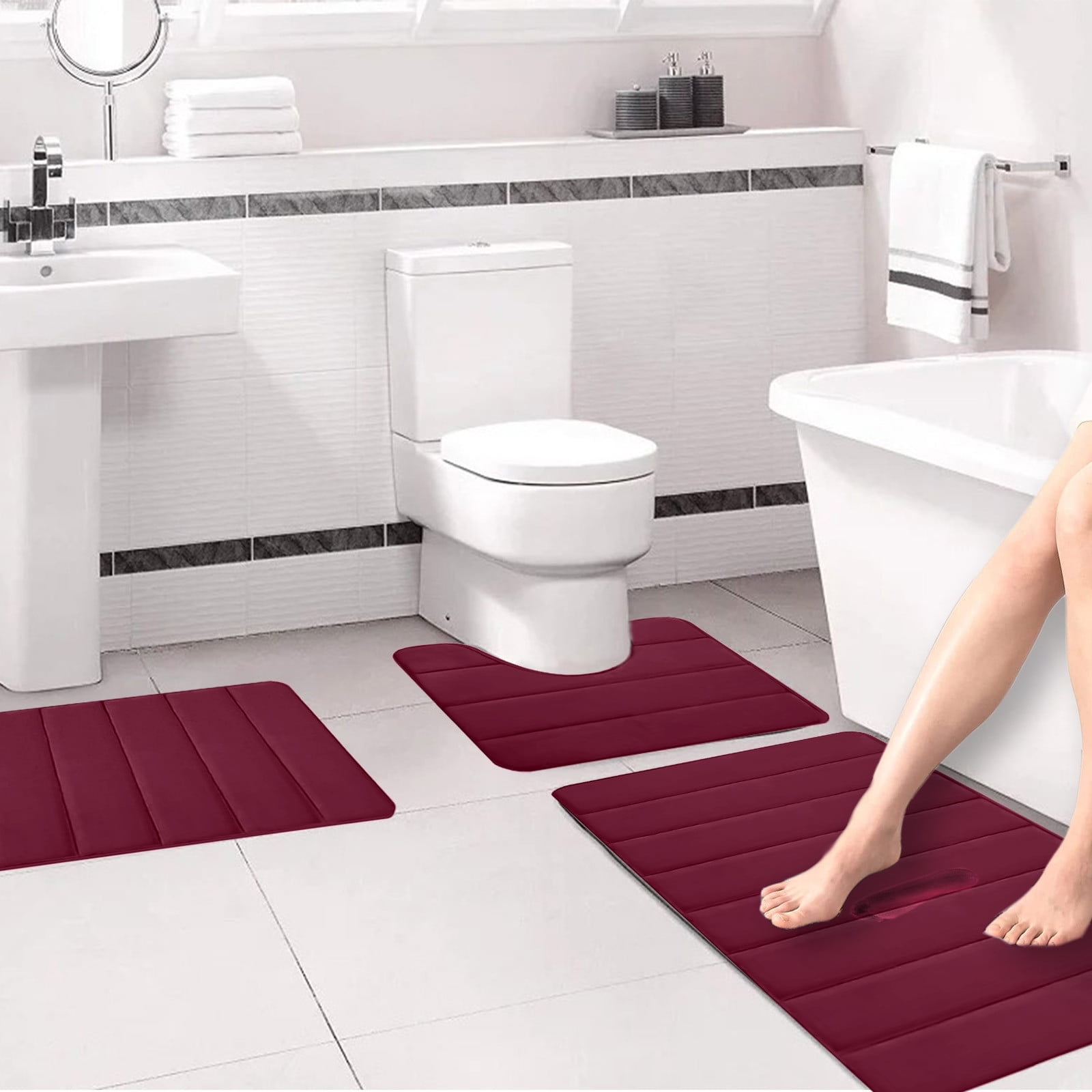 PALIFEUR Memory Foam Toilet Rug, Non-Slip Bathroom Rugs, Toilet Rugs U Shaped Washable, Commode Contour Rug, Soft Comfortable Super Water Absorption #3_Red - Image 4