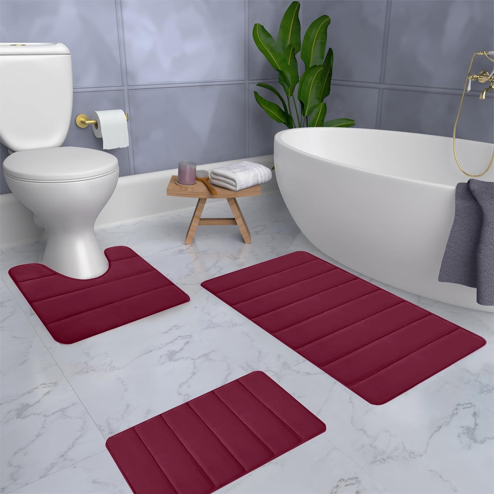 PALIFEUR Memory Foam Toilet Rug, Non-Slip Bathroom Rugs, Toilet Rugs U Shaped Washable, Commode Contour Rug, Soft Comfortable Super Water Absorption #3_Red - Image 7