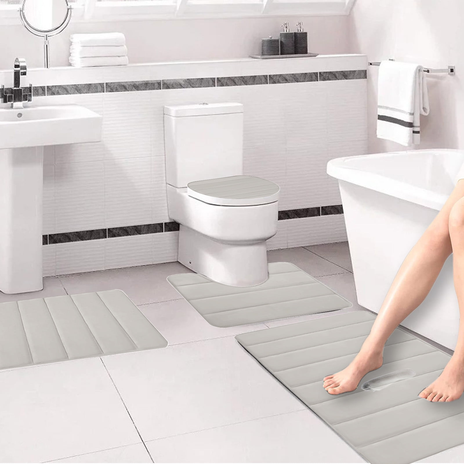 PALIFEUR Memory Foam Toilet Rug, Non-Slip Bathroom Rugs, Toilet Rugs U Shaped Washable, Commode Contour Rug, Soft Comfortable Super Water Absorption #4_Beige - Image 6