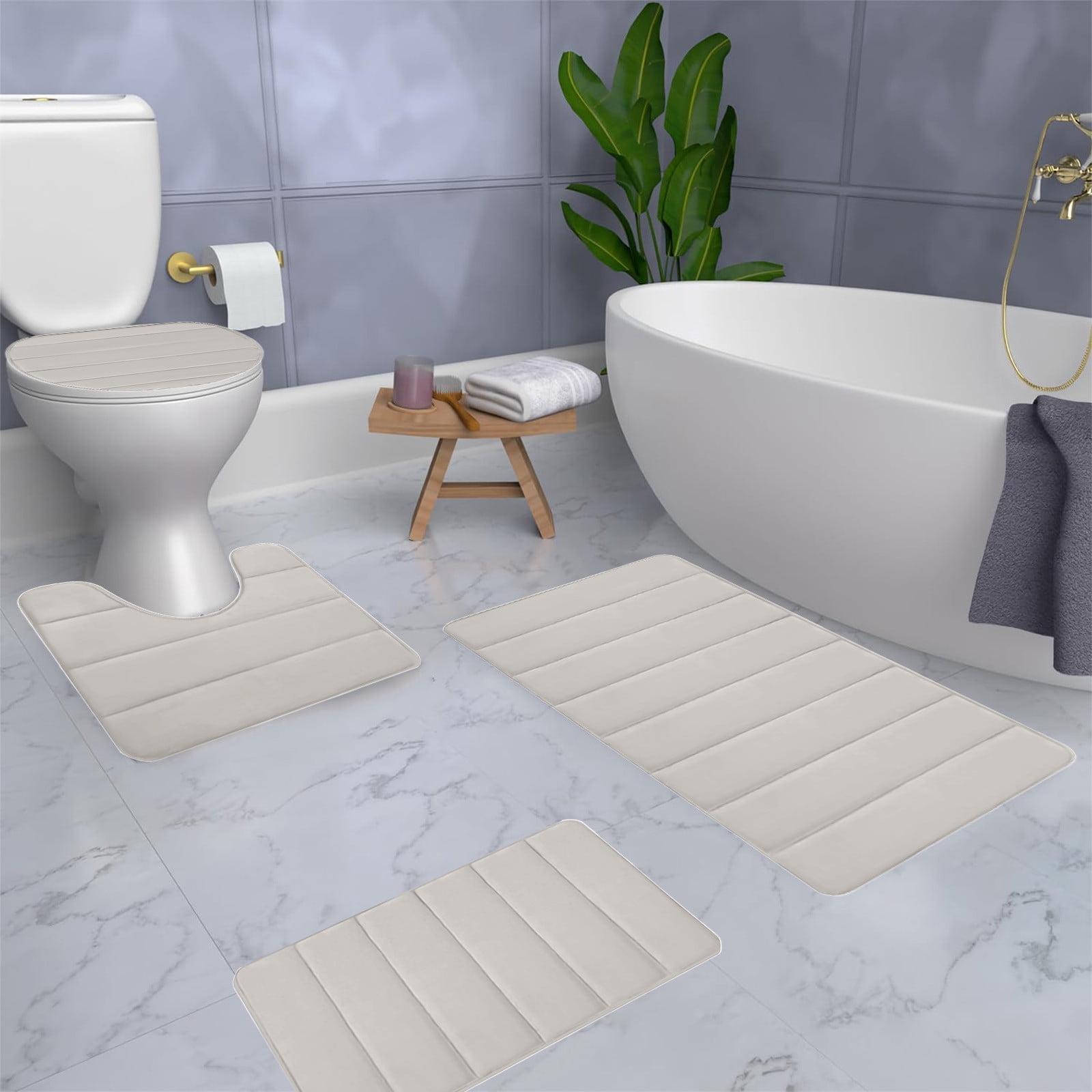 PALIFEUR Memory Foam Toilet Rug, Non-Slip Bathroom Rugs, Toilet Rugs U Shaped Washable, Commode Contour Rug, Soft Comfortable Super Water Absorption #4_Beige - Image 8
