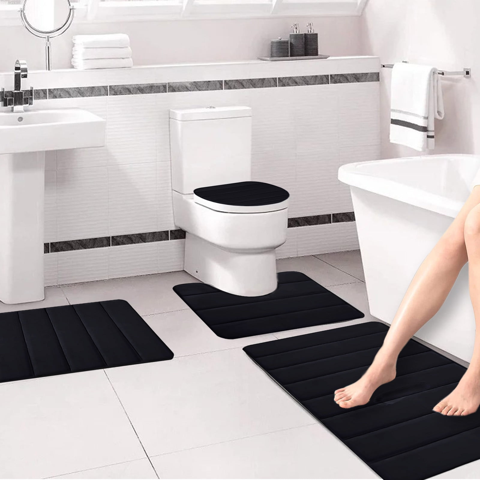 PALIFEUR Memory Foam Toilet Rug, Non-Slip Bathroom Rugs, Toilet Rugs U Shaped Washable, Commode Contour Rug, Soft Comfortable Super Water Absorption #4_Black - Image 5
