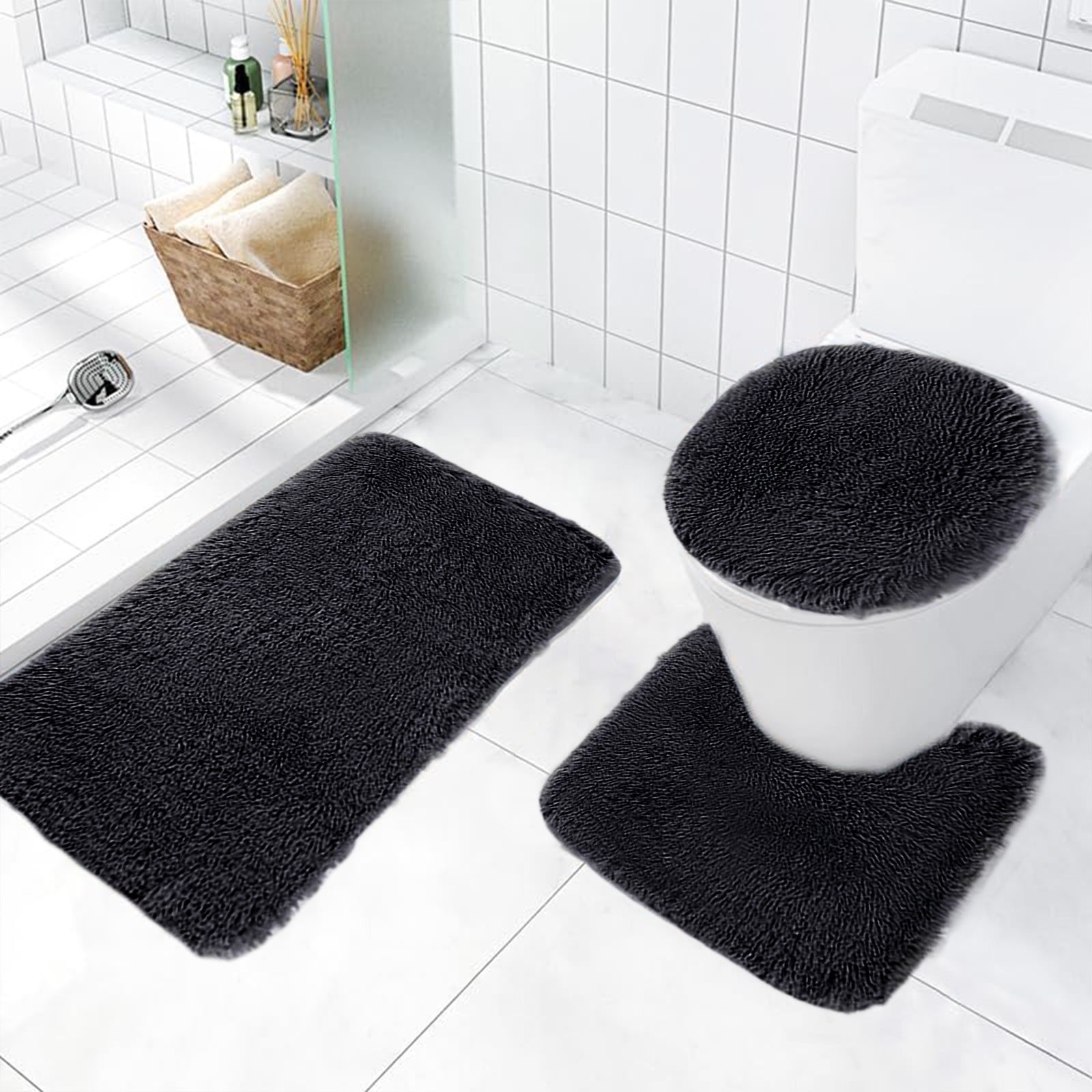 PALIFEUR Bathroom Rugs Sets, Non-Slip Bath Mat Set 3 Piece, Soft Comfortable Washable Bathroom Mat Set, Quicker Dry Bathroom Rug with Toilet Rug Black - Image 5