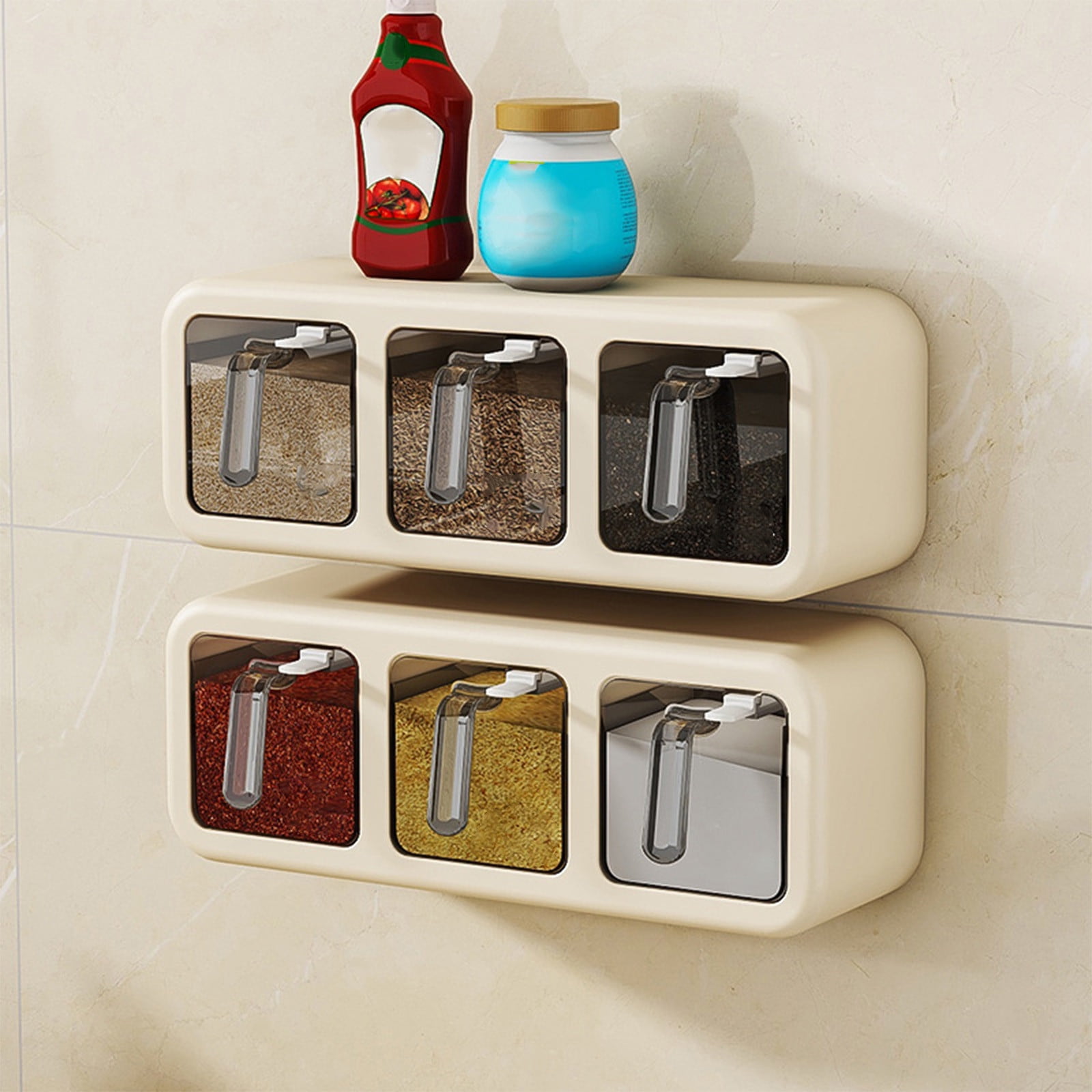 PALIFEUR Spice Jars Set, 3 Grids Spice Rack Seasoning Containers Set, Condiment Jars with Spice Drawer Organizer for Kitchen Khaki - Image 5