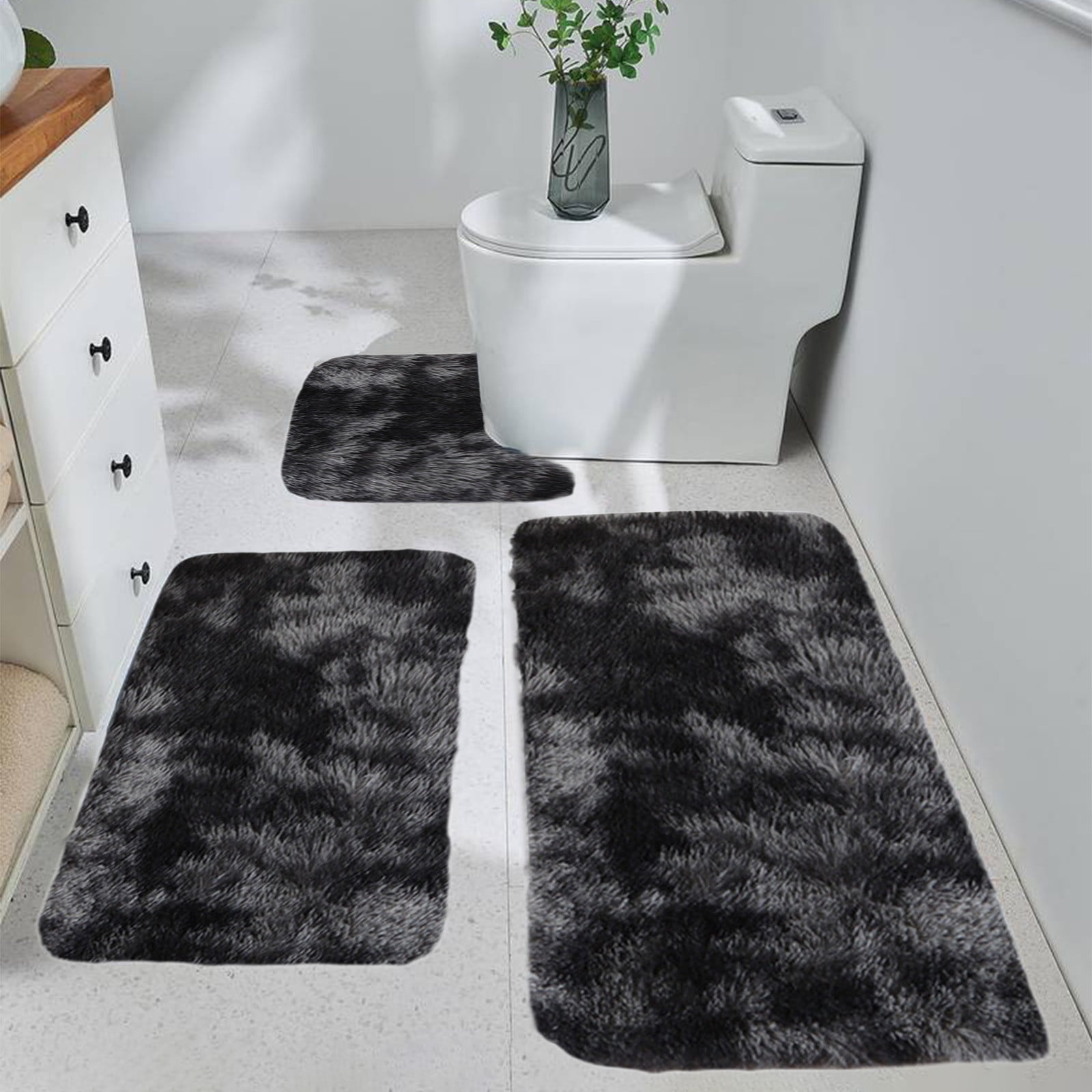 Tyidzon 5Pc Bath Mats for Bathroom, Quick-Dry Bathroom Rugs Sets Washable Non-Slip Bath Mat Ultra Soft Absorbent with U-Shaped Toilet for Bathroom, Tub, Shower, Gray 01-Black - Image 2