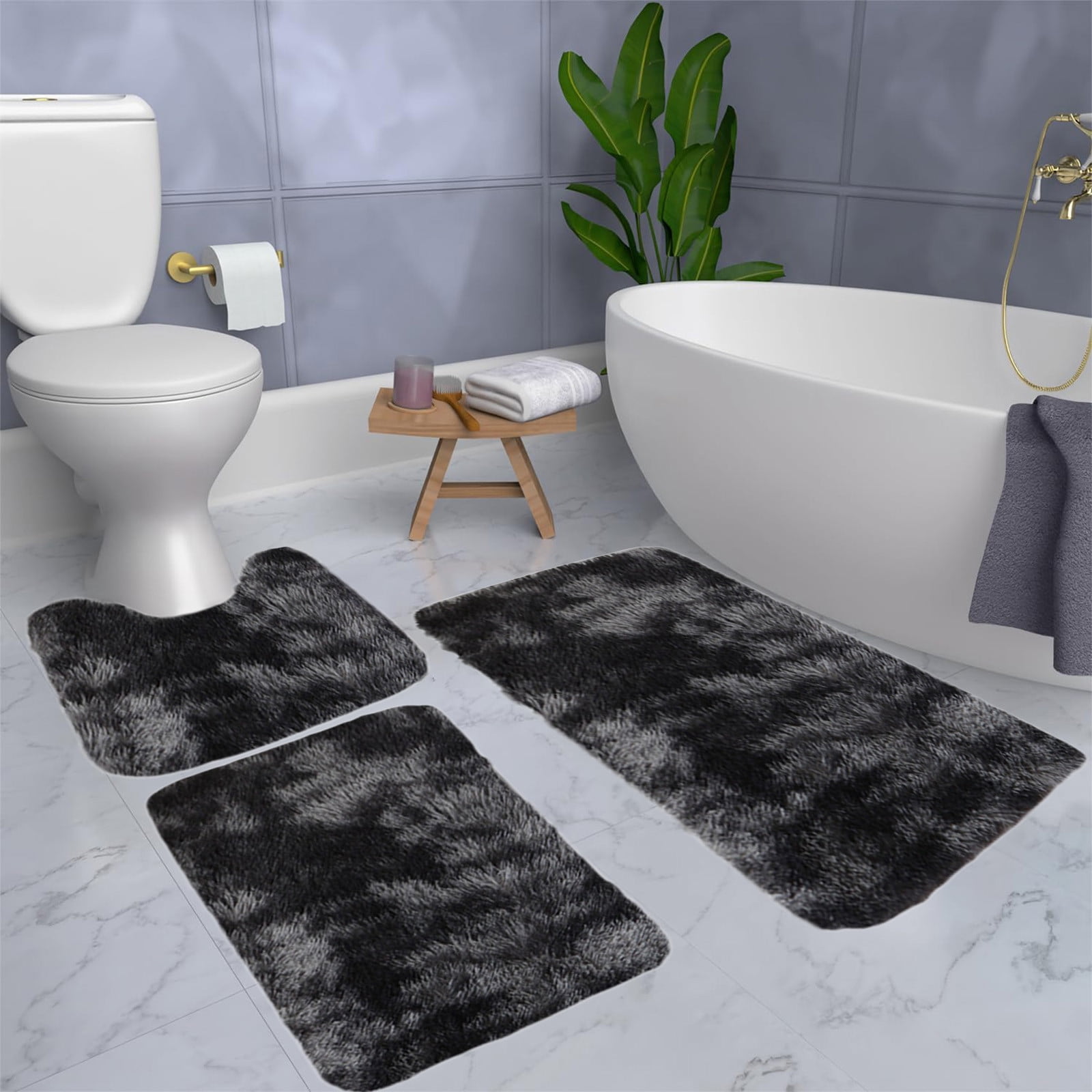Tyidzon 5Pc Bath Mats for Bathroom, Quick-Dry Bathroom Rugs Sets Washable Non-Slip Bath Mat Ultra Soft Absorbent with U-Shaped Toilet for Bathroom, Tub, Shower, Gray 01-Black - Image 7