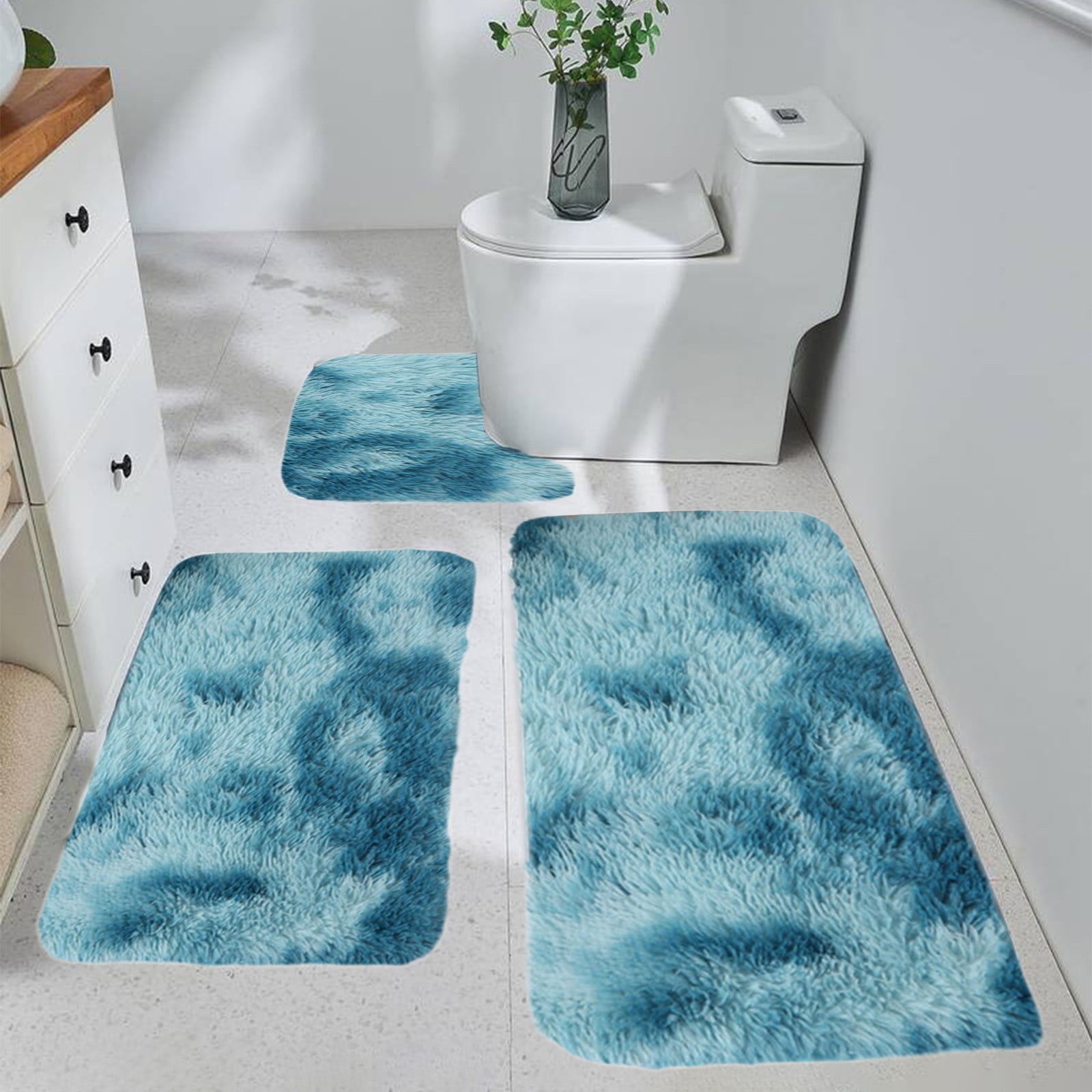 Tyidzon 5Pc Bath Mats for Bathroom, Quick-Dry Bathroom Rugs Sets Washable Non-Slip Bath Mat Ultra Soft Absorbent with U-Shaped Toilet for Bathroom, Tub, Shower, Gray 01-Blue - Image 2