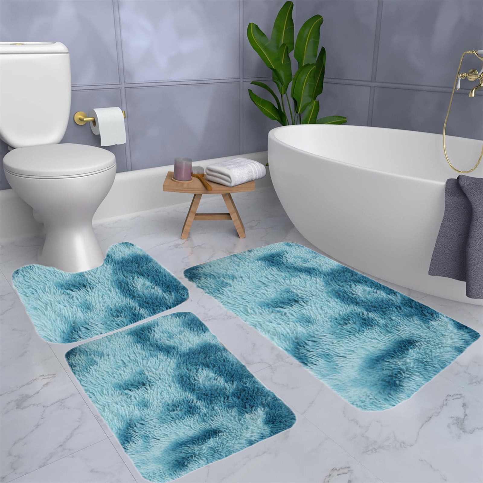 Tyidzon 5Pc Bath Mats for Bathroom, Quick-Dry Bathroom Rugs Sets Washable Non-Slip Bath Mat Ultra Soft Absorbent with U-Shaped Toilet for Bathroom, Tub, Shower, Gray 01-Blue - Image 7