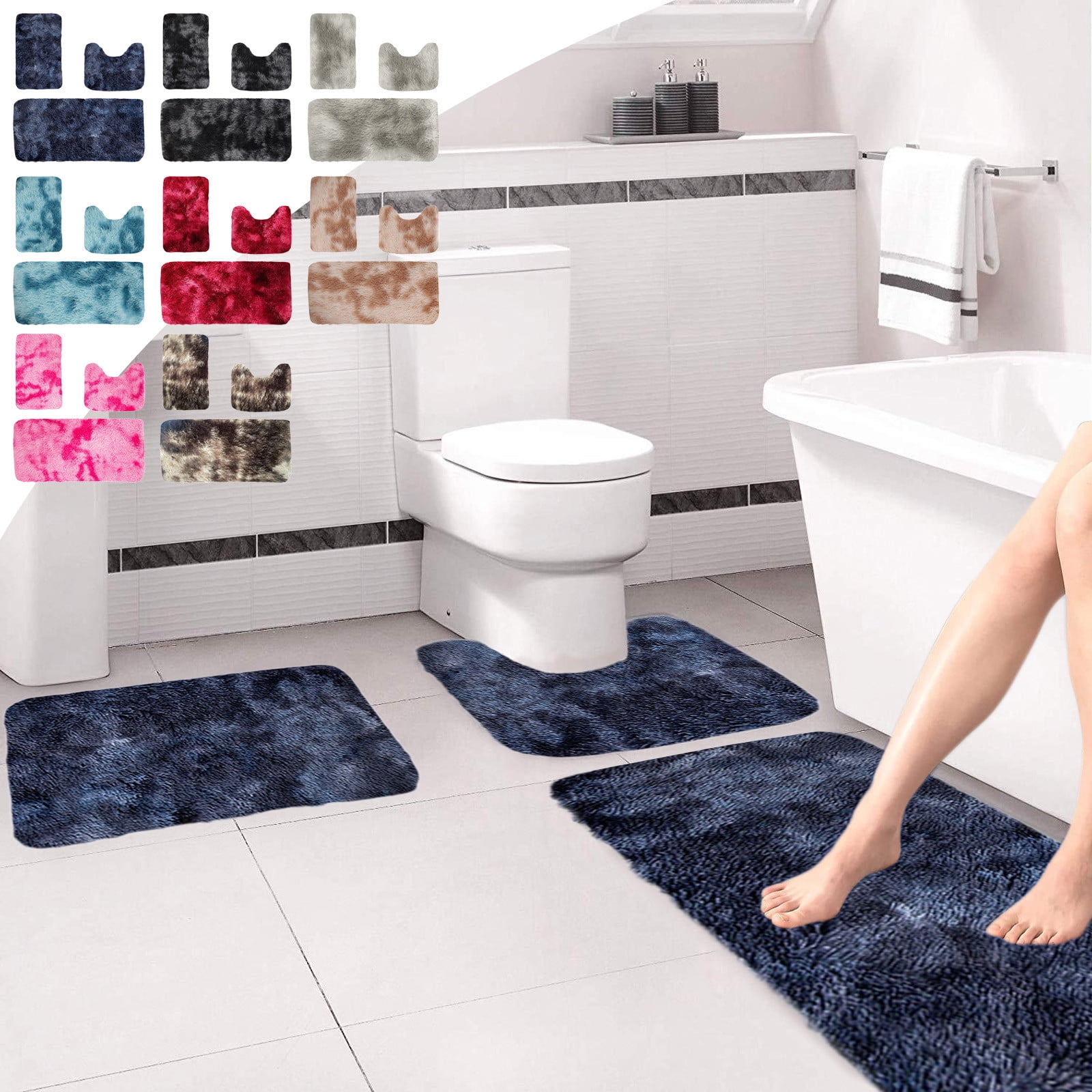 Tyidzon 5Pc Bath Mats for Bathroom, Quick-Dry Bathroom Rugs Sets Washable Non-Slip Bath Mat Ultra Soft Absorbent with U-Shaped Toilet for Bathroom, Tub, Shower, Gray 01-Dark Blue - Image 1